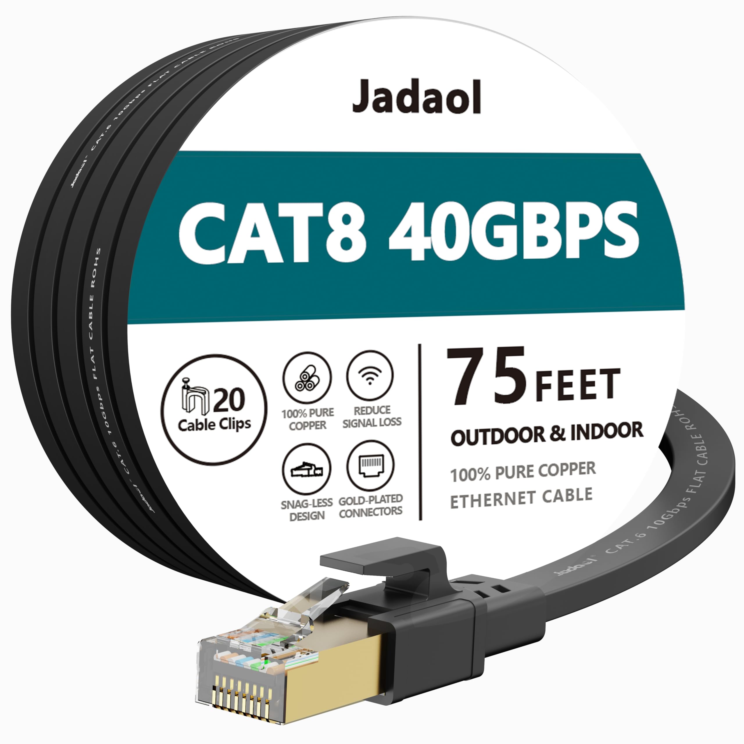 Câble Ethernet Cat8, extérieur et intérieur, 23,6 m, câble réseau LAN Cat 8 haut débit, 40 Gbit/s, 2000 MHz, cordon de raccordement plat pour ordinateur Internet, résistant aux intempéries, S/FTP