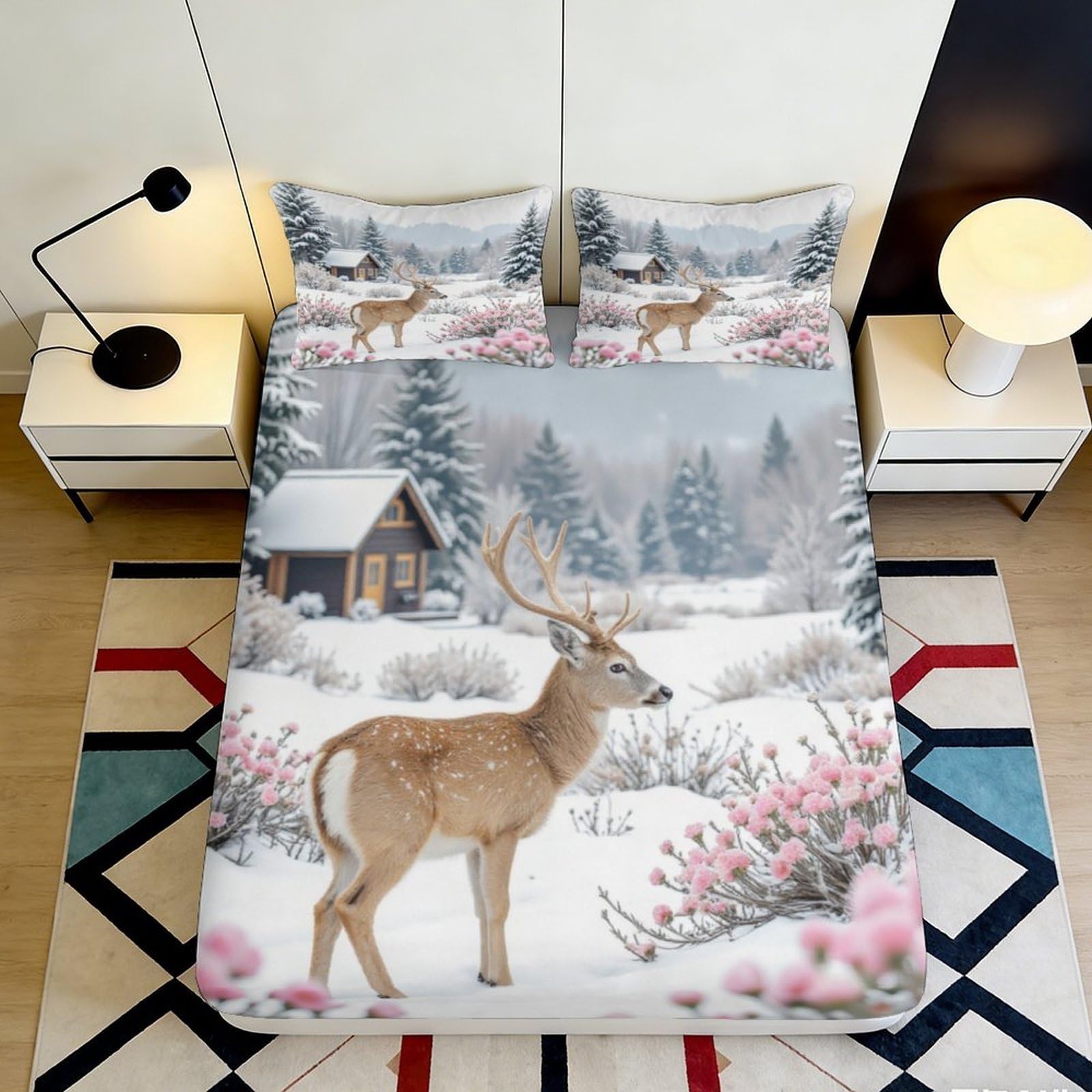 3D Printed Winter Deer Fitted Sheet Microfiber Soft Breathable Snowy Cabin Bed Cover for Bedroom Guestroom Decor Mattress Protection 90x200x25cm