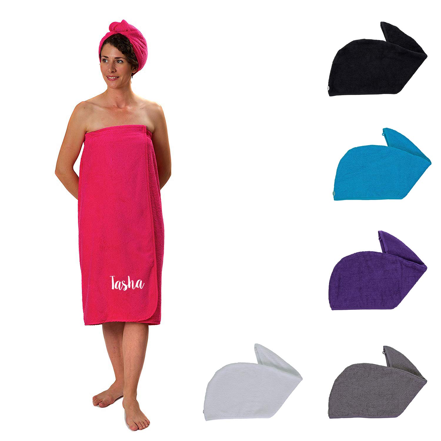 axtex Personalised Elasticated Sarong and Towelling Hair Turban Set, Towelling Sarong Wrap and Hair Wrap Gift Set, Towelling Cover Up - Pink