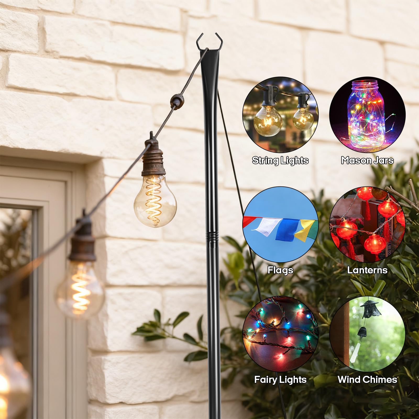 Paquete de 4 postes de luz de cadena de 9.8 pies, postes de metal resistentes con tenedor, resistentes a la intemperie, para exteriores, patio, jardín, terraza, patio, boda, fiesta, decoración