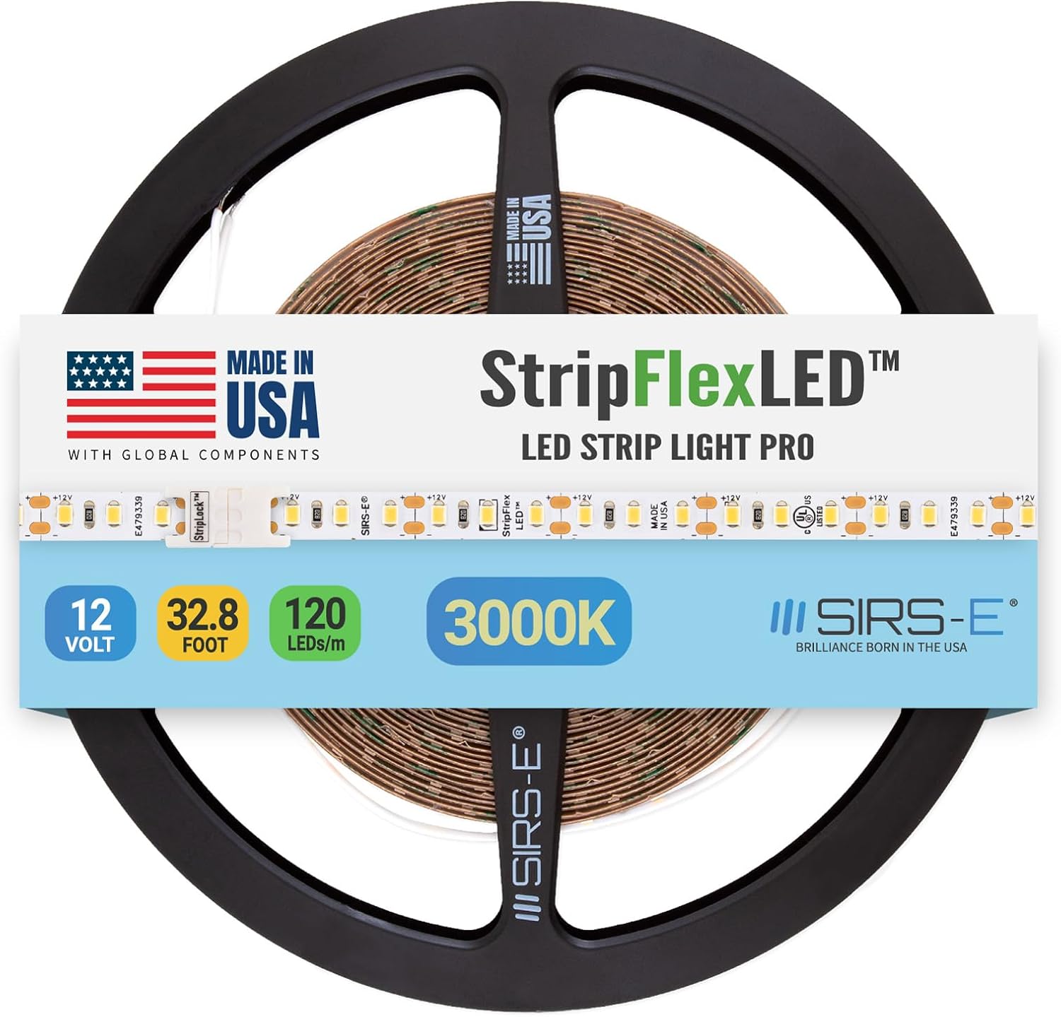 SIRS-E StripFlexLED White LED Strip Lights, 12V 120 LEDs/m 3000K Soft White, 32.8 ft. (10m), UL Listed, Made in USA, Professional-Grade Flexible Tape for Versatile Lighting