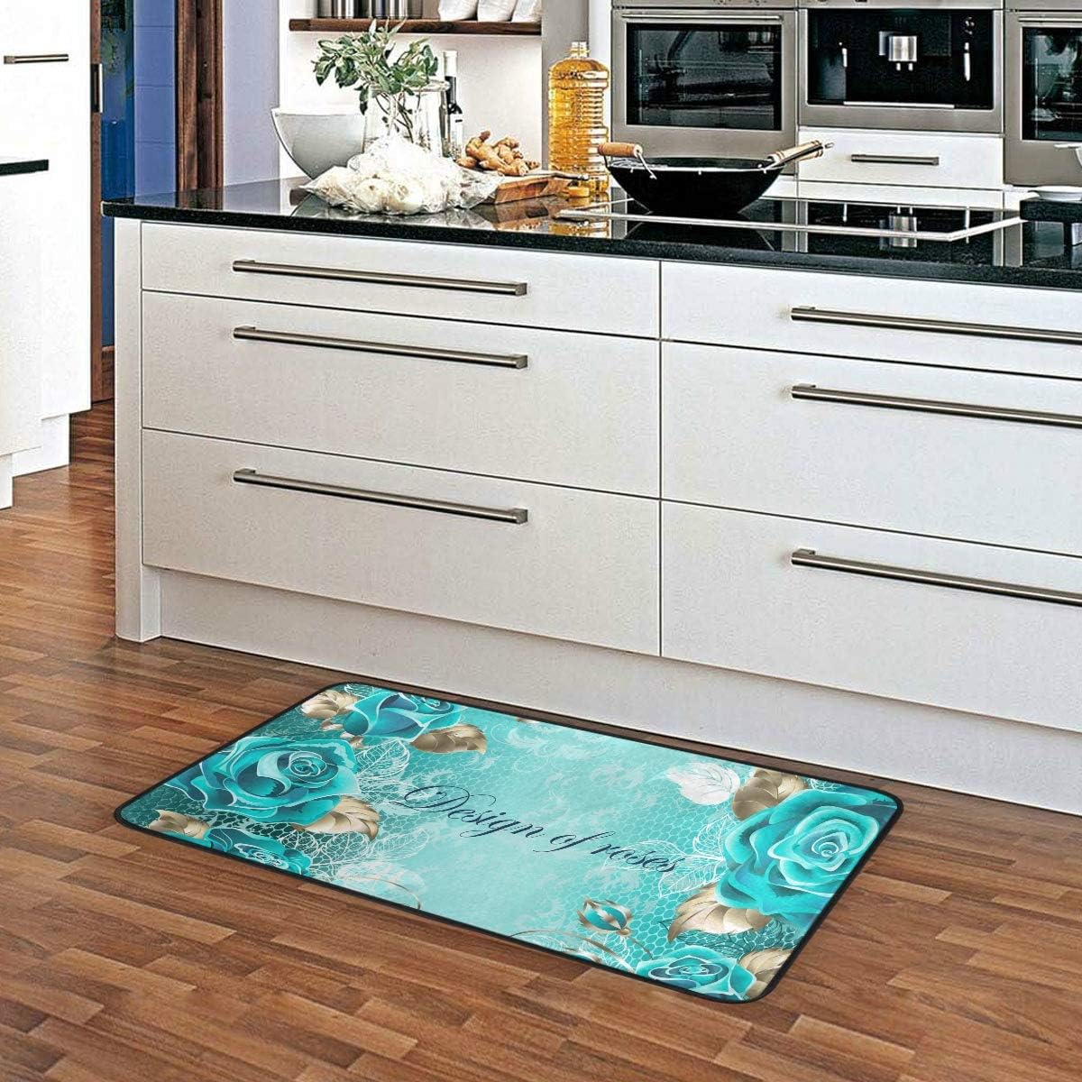 Kitchen Rugs Turquoise Rose Flowers Design Non-Slip Soft Kitchen Mats Bath Rug Runner Doormats Carpet for Home Decor, 39" X 20"