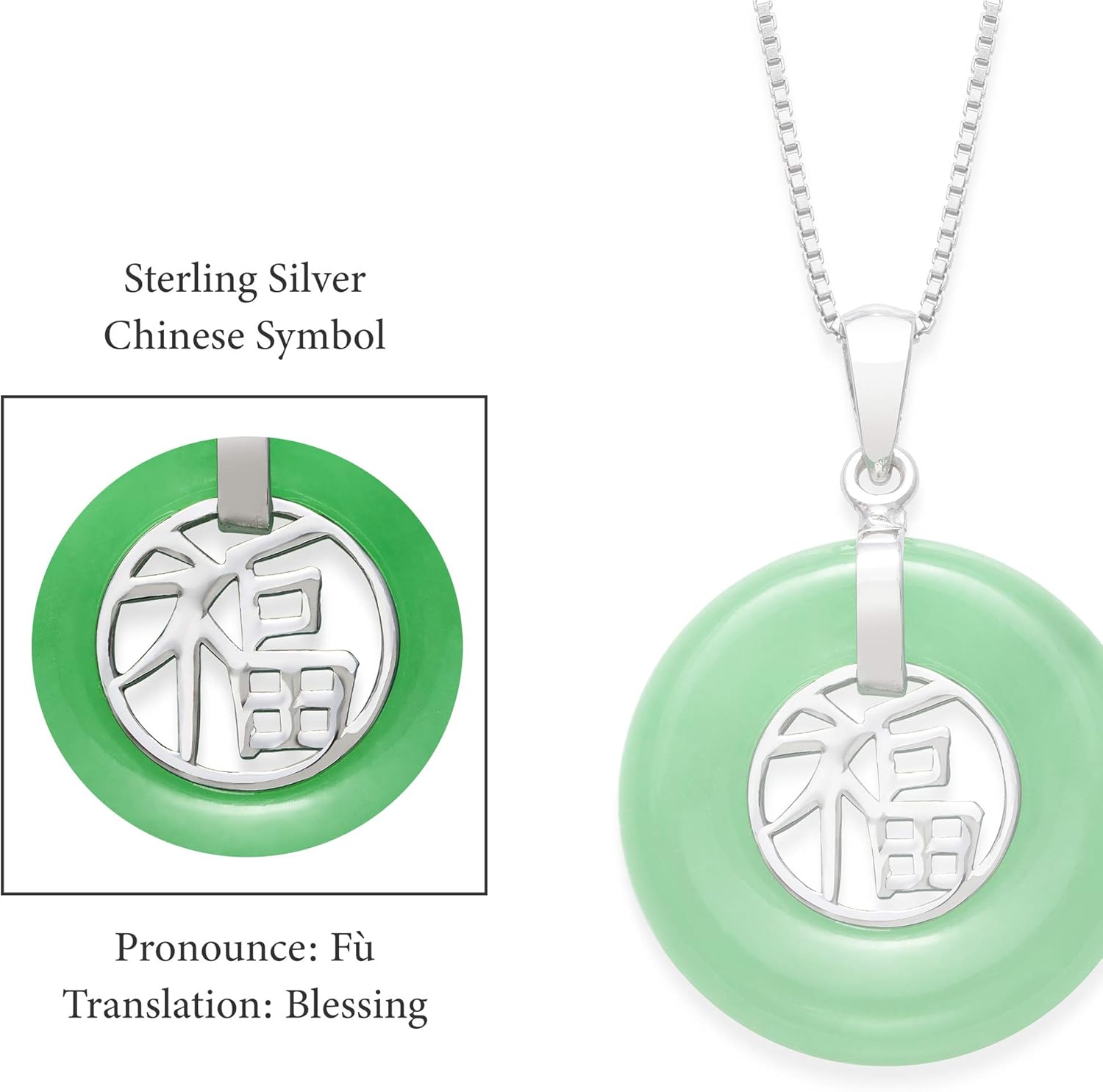 Belacqua Natural Green Jade Chinese Symbol Fu Good Luck Pendant Necklace in Sterling Silver, 20mm Round, 18" Box Chain, Hypoallergenic Jewelry for Women, Gift Box Included
