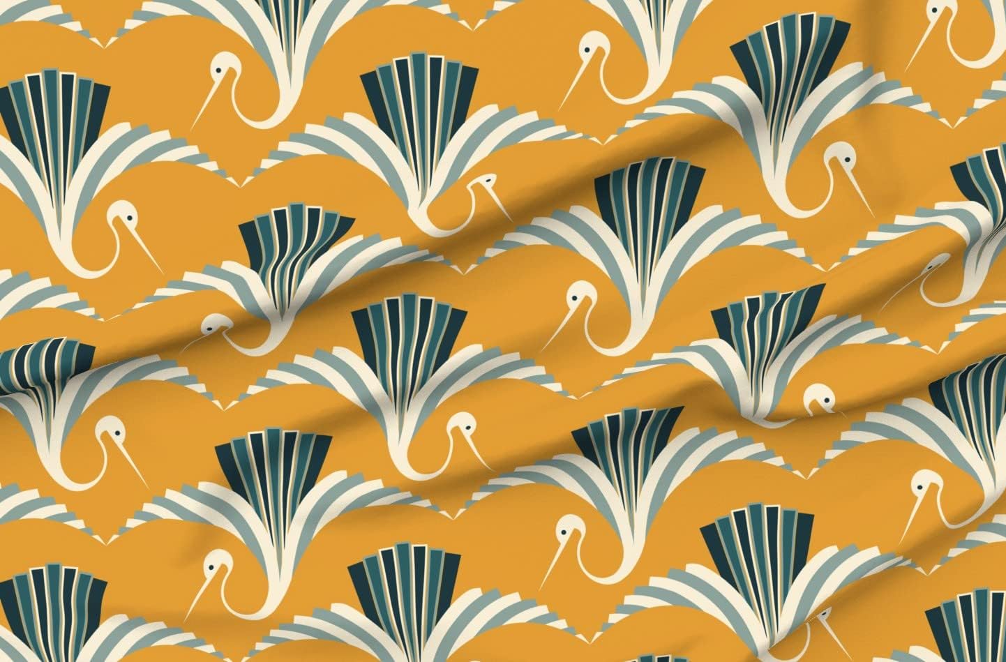 Spoonflower Fabric - Art Deco Crane Mustard Yellow Aqua Bird Vintage Blue Retro Printed on Petal Signature Cotton Fabric Fat Quarter - Sewing Quilting Apparel Crafts Decor