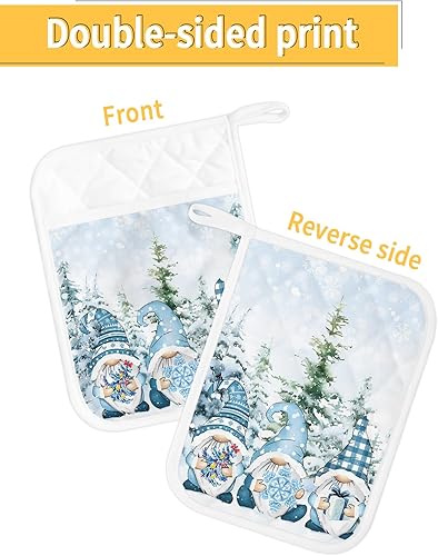 Miniatura 2 de Juego de 2 agarraderas azules de Navidad para cocina, antideslizantes y aislantes de calor, juego de agarraderas de tela de toalla con bolsillo,