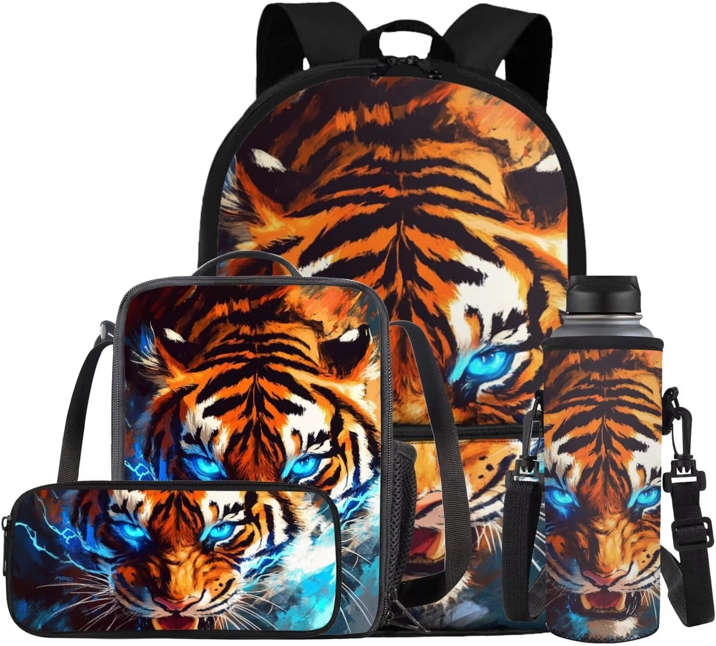 Gomyblomy 3D Tiger Backpack for Boys 10-12 12-14 Cool Kids School Bags for Boys 7-10 with Lunch Box Bag Lightweight Boys Bookbag with Front Pocket 4 Piece Middle Schoolbags for Teens