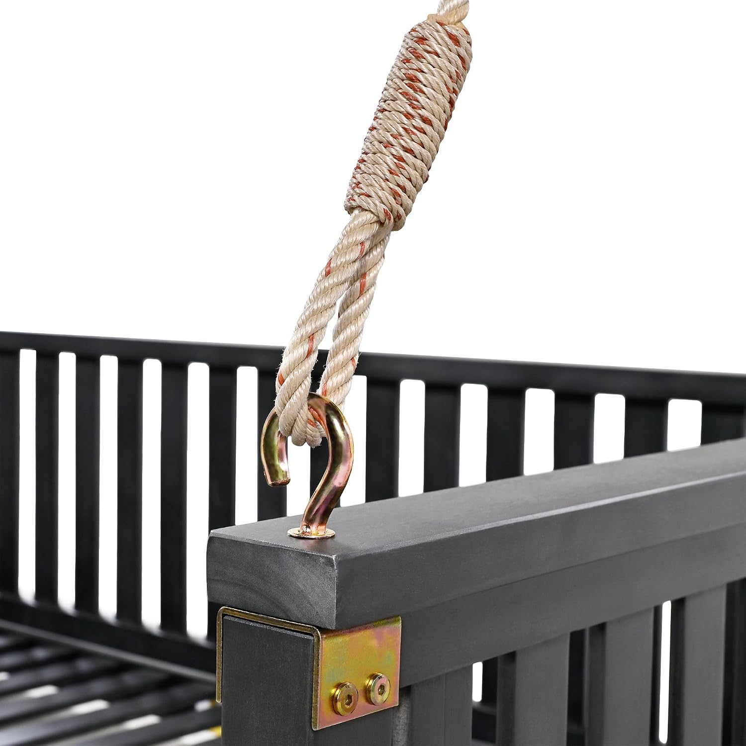 Minimalist Twin Size Wooden Porch Swing Bed, Black Outdoor Hanging Bed with Safe Sloped Structure and Sturdy Ropes, Spacious Daybed Swing Serving as Swinging Bench for Backyard Patio Garden Leisure