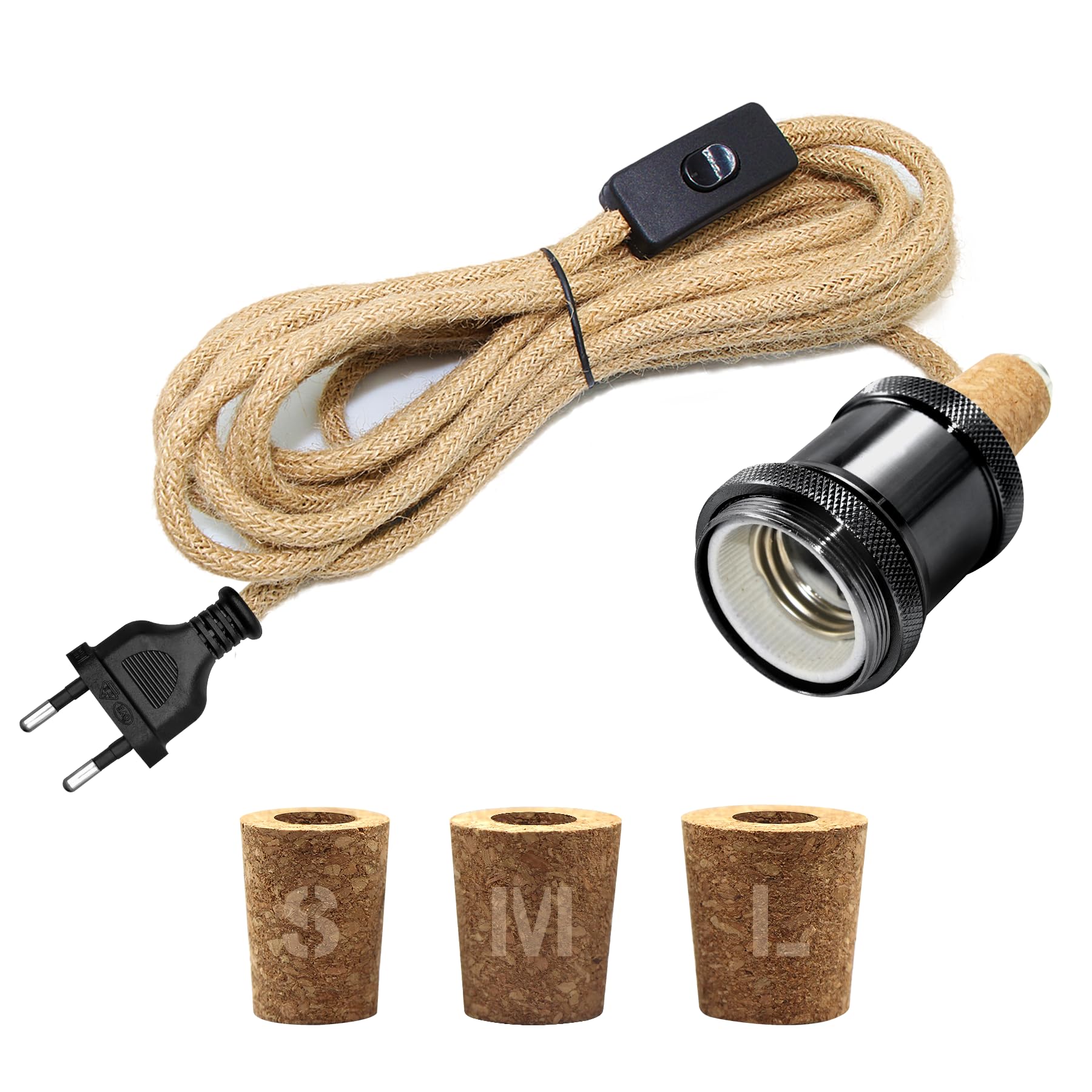 Adaptateur Bouteille pour Douille de Lampe, 240CM Corde de Chanvre Câble, Céramique Douille E27, Support Lampe Bouteille, 3 Bouchons Souples, Kit Lampe Bouteille pour Différent Abat Jour, Noir