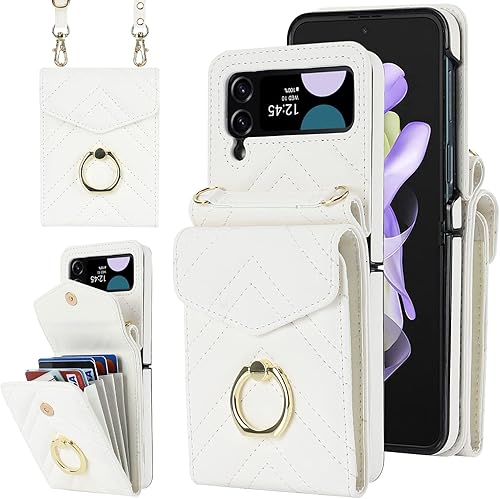 Asuwish Funda para teléfono Samsung Galaxy Z Flip 4 5G 2022 con anillo de bloqueo RFID, correa cruzada para muñeca, soporte para tarjeta de crédito,