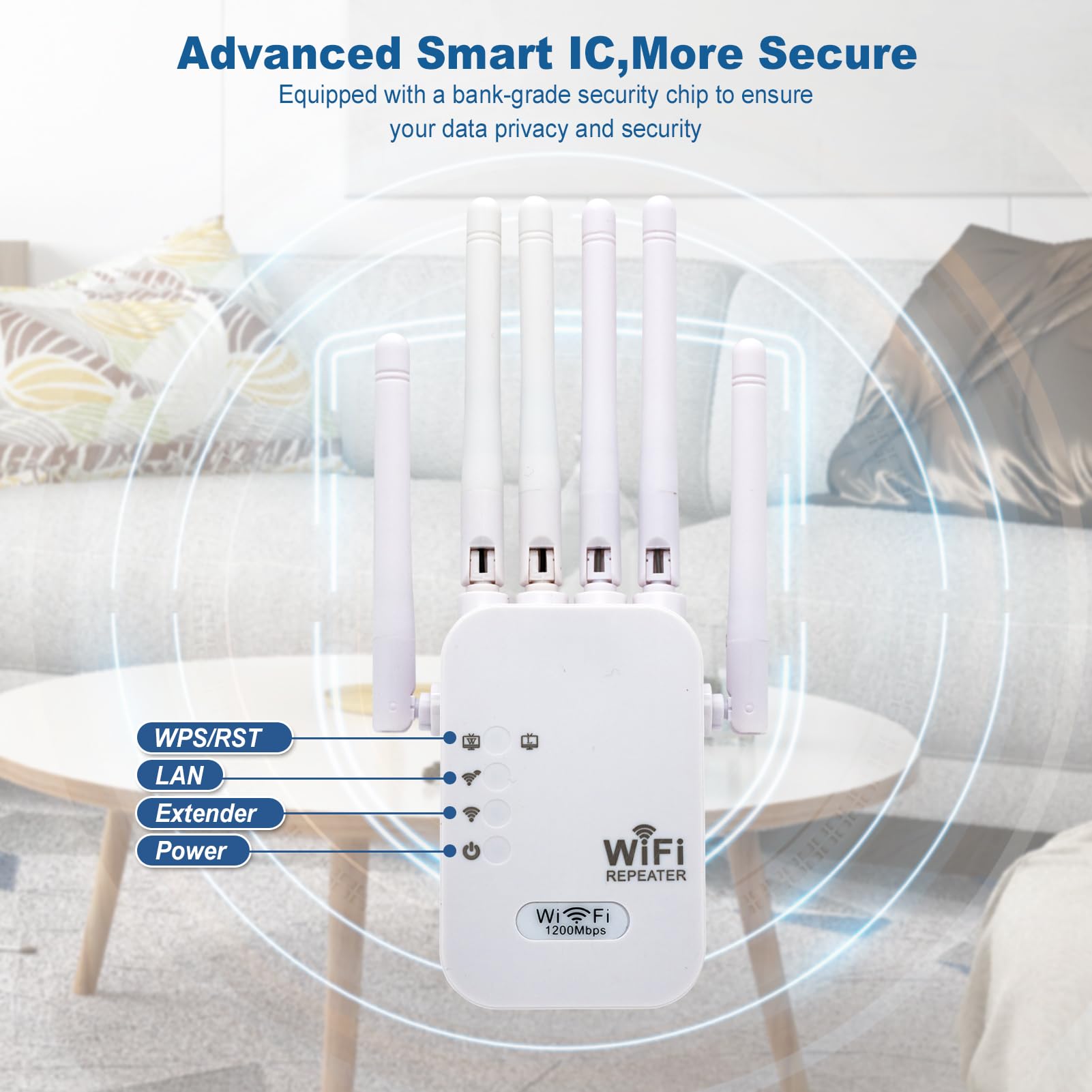 Amplificateur de signal d'extension WiFi, amplificateur WiFi double bande 1200 Mbps, double bande 5 GHz et 2,4 GHz, amplificateur Internet 6 antennes, extension WiFi avec port Ethernet