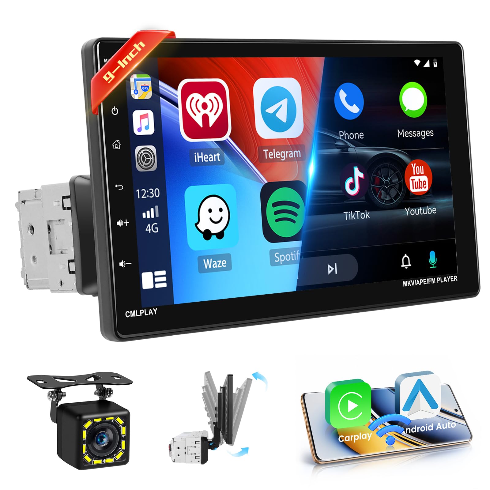 Roinvou Radio Coche 1 DIN con Pantalla Táctil de 9 Pulgadas, CarPlay Inalámbrico/Android Auto Mirror Link, Radio de Coche Compatible con Bluetooth Radio FM EQ SWC USB UI Cámara Trasera