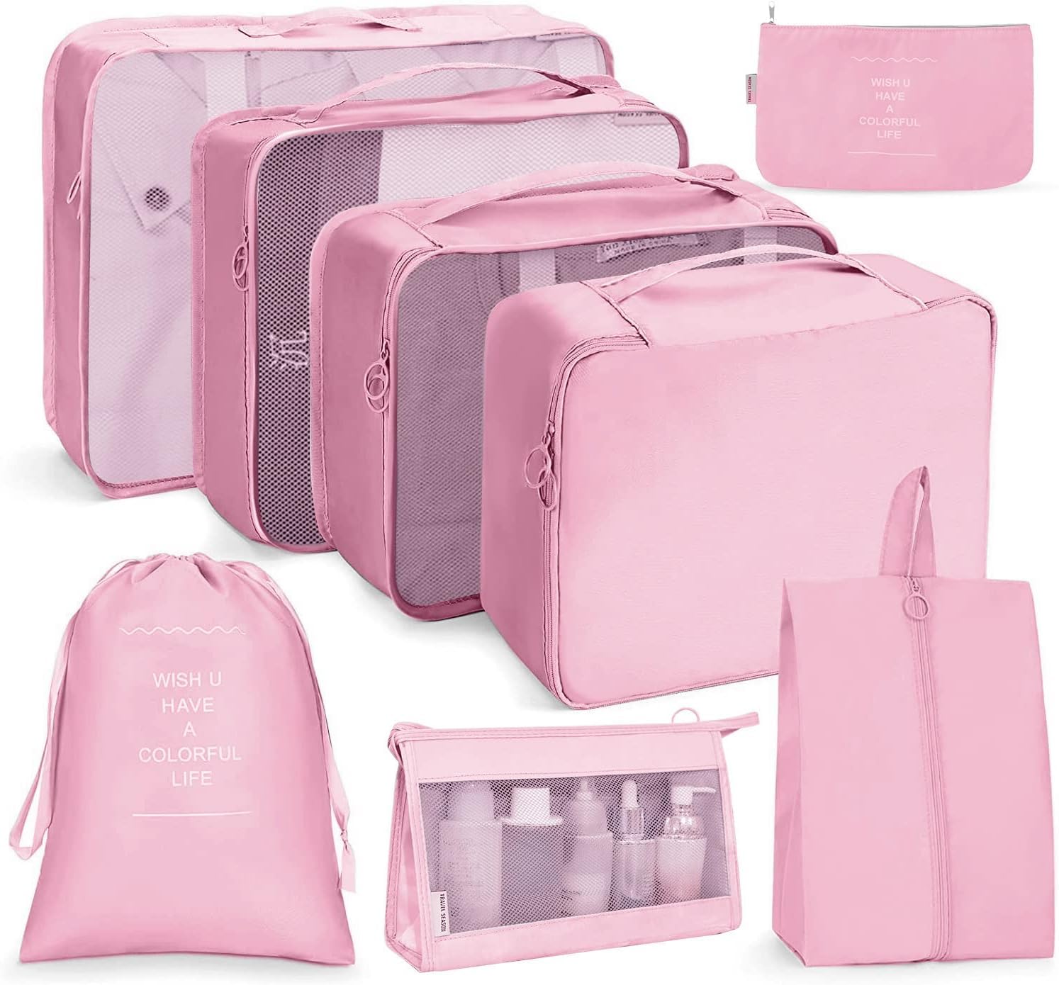 NecomiNecomi 8 Set Packing Cubes for Suitcases, Travel Luggage Organizer, Travel Packing Kit with Clothes Storage Bag & Shoes Bag & Toiletry Bag & Underwear Bag(Pink)