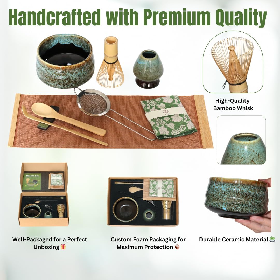 Annie & Mia Design Matcha Whisk Set (9pcs), Japanese Tea Matcha Set includes Ceramic Matcha Bowl, Bamboo Matcha Whisk (Chasen), Ceramic Whisk Holder, Bamboo Matcha Scoop (Chashaku), Blue - Image 2