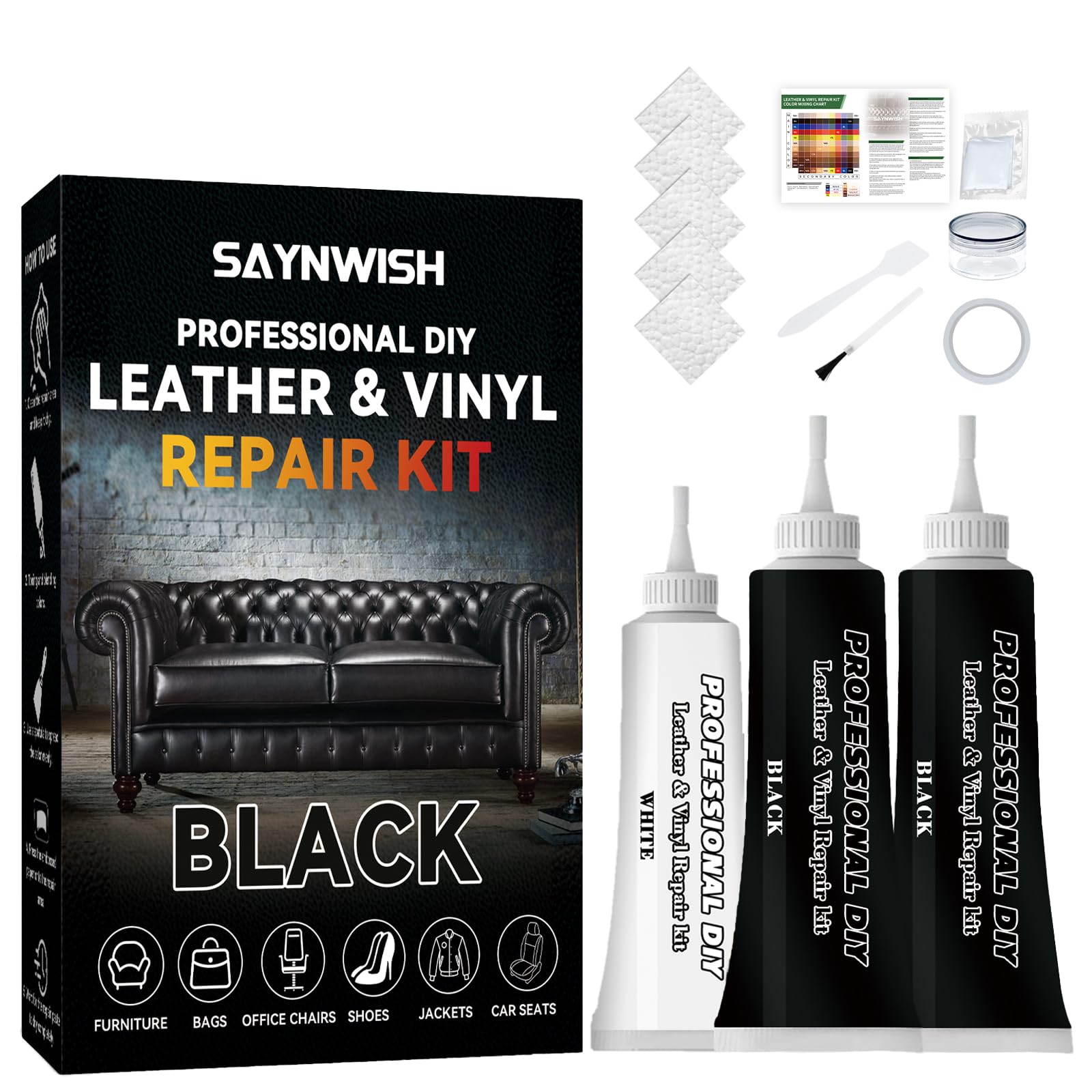 Photo 1 of Saynwish Leather Repair Kit - Restores Faux,Vinyl,Artificial and Real Leather,Sofa,Jacket,Car Seats and Purse.Professional Results,Repairs Burn Holes,Scratches,Tears