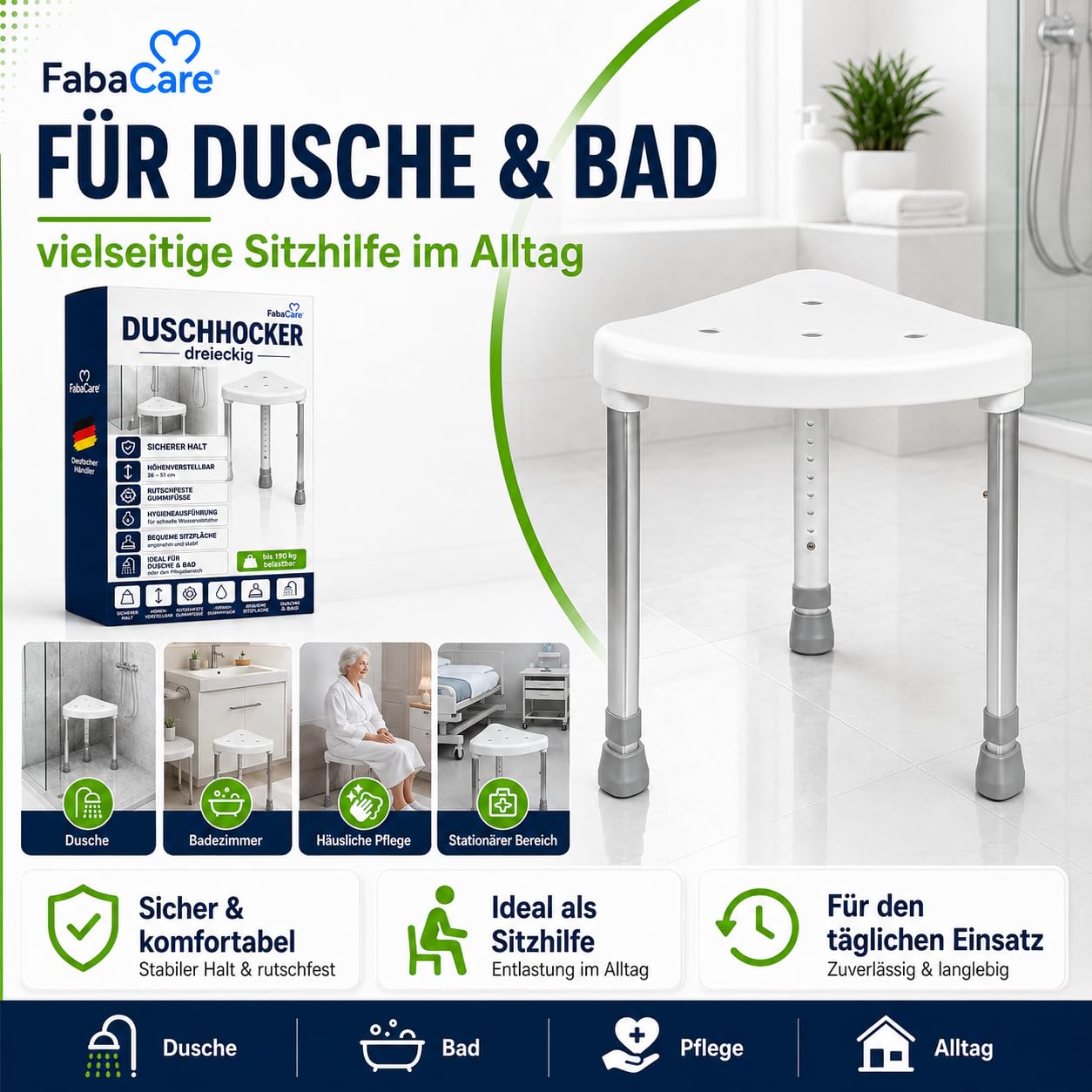 FabaCare Duschhocker dreieckig höhenverstellbar bis 150 kg