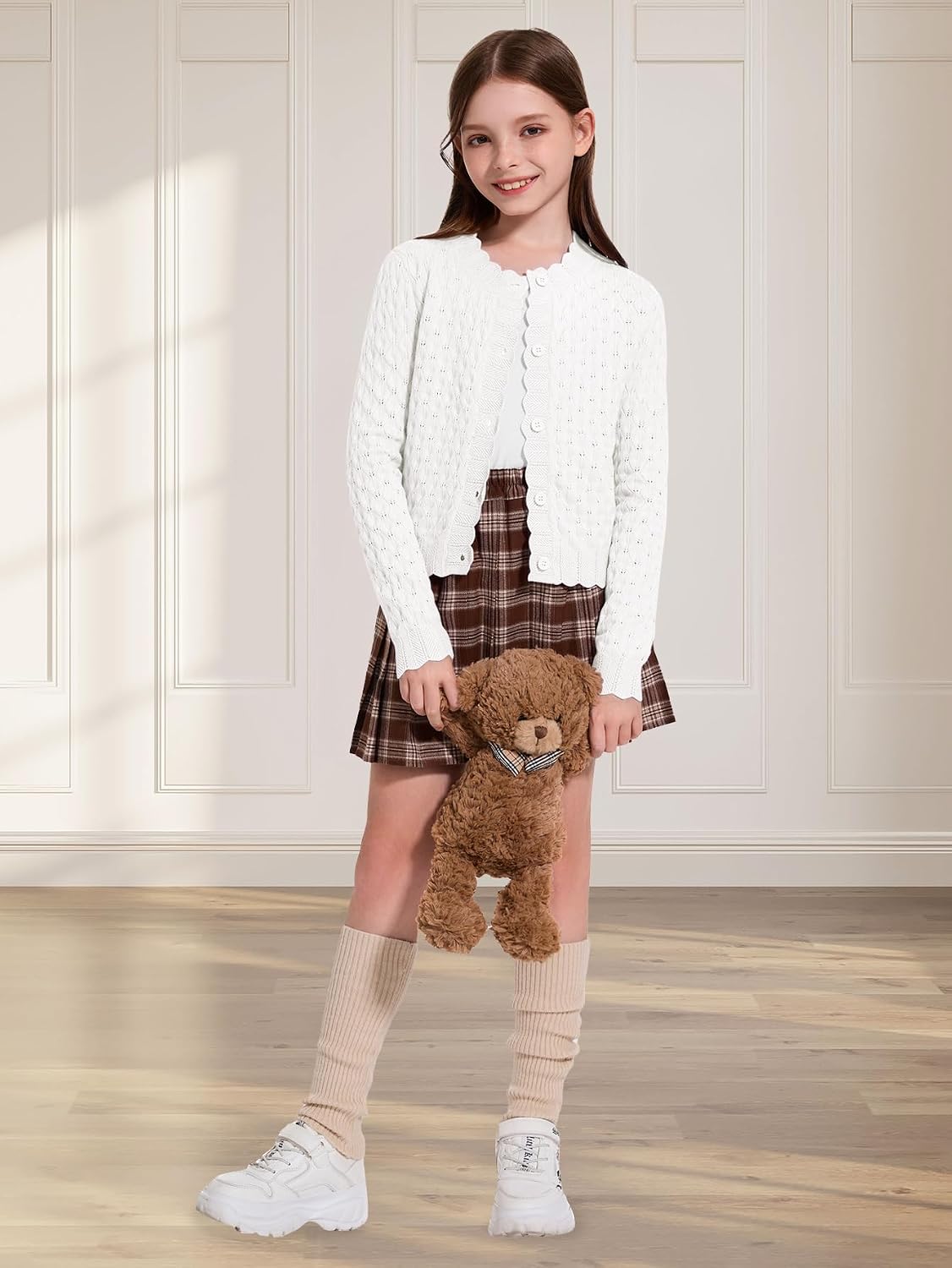 YKR Girls Cardigan Sweaters Long Sleeve Cable Knitted Cropped Sweater Button Closure Tops 5-12Y