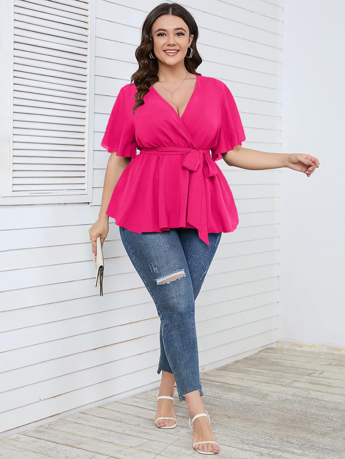 SCOMCHIC Women's Plus Size Short Sleeve V Neck Wrap Belted Ruffle Peplum Blouse Tops - Image 5