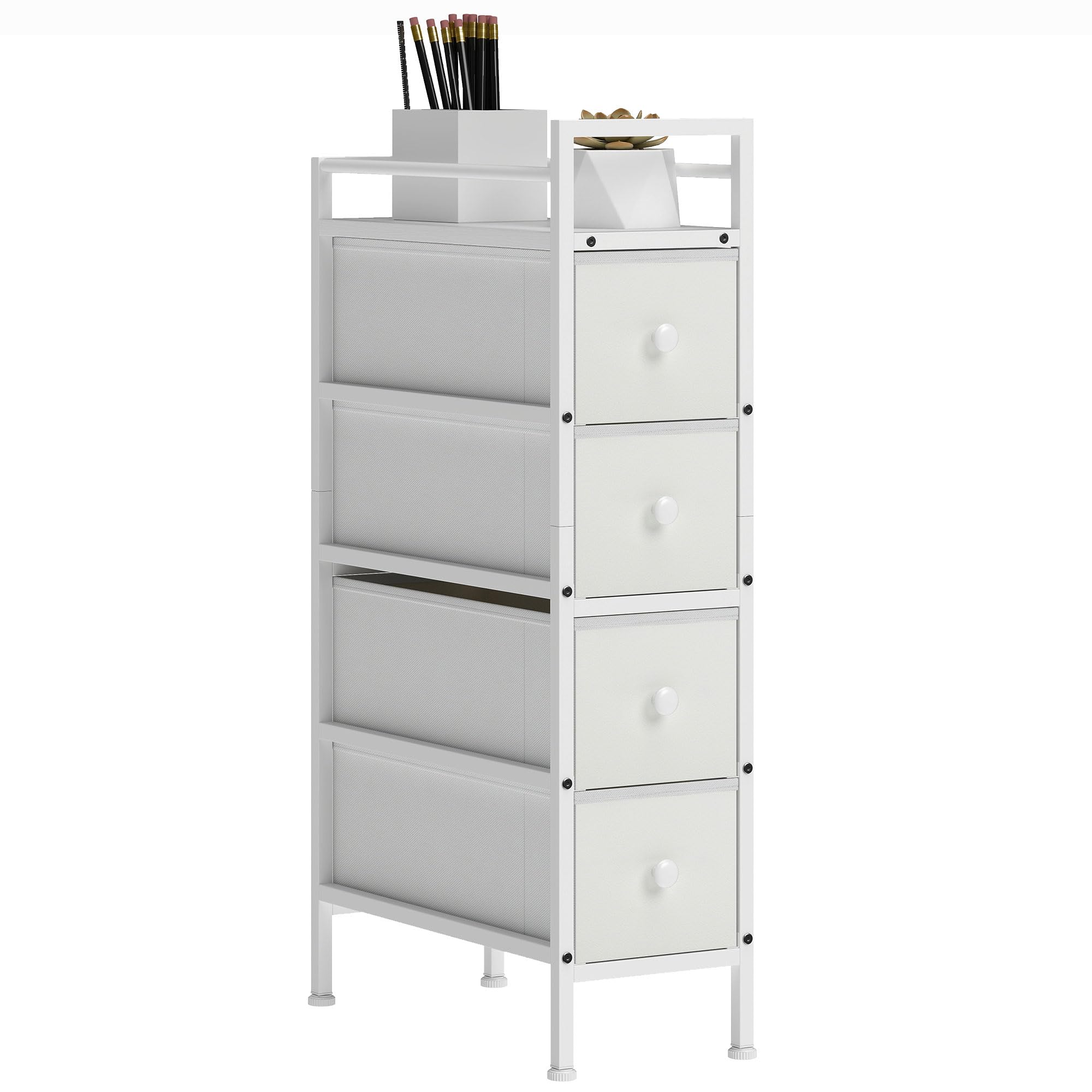 HOMCOM Cómoda con 4 Cajones de Tela, Cómoda para Dormitorio Estrecha con Marco de Acero, Cajonera para Espacios Pequeños, Sala de Estar, Vestidor, Baño, Blanco