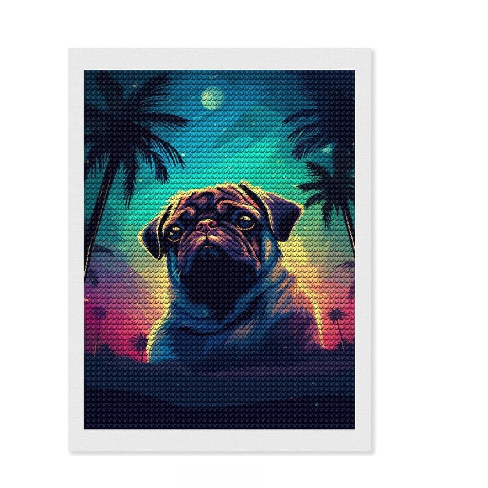 Junmoney Vaporwave Pug Pixel Art Diamond Painting Set 12"x16", for Craft Lovers, Complete Accessories, Birthday Gift, Bedroom Decor, with Tool Kit