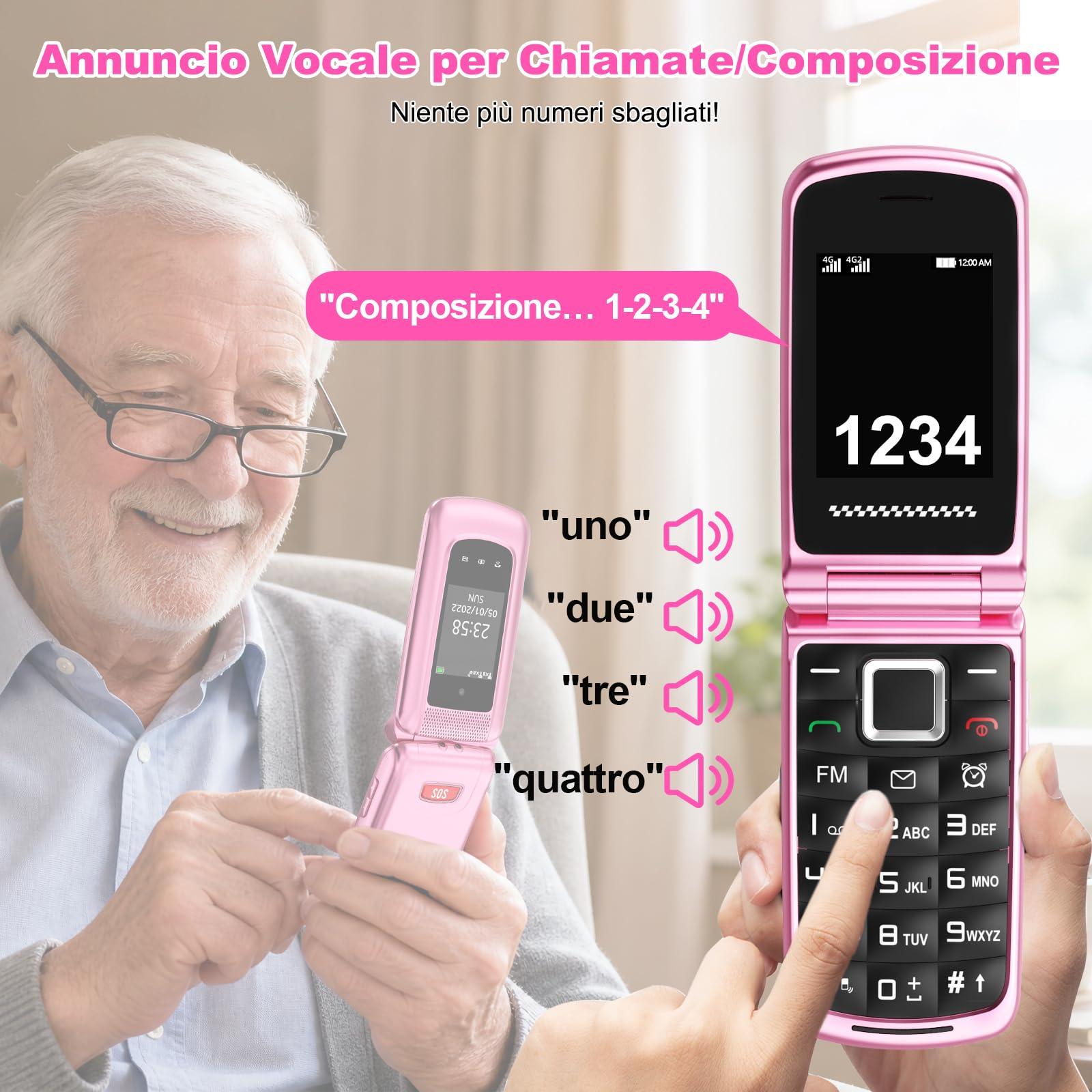 4G Telefono Cellulare per Anziani | Flip Telefoni Cellulari con Tasti Grandi | Doppia SIM | Annunci vocali | Volume alto | Funzione SOS | 2.4"+1.77" Doppio Pantalla | Selezione Rapida | Rosa