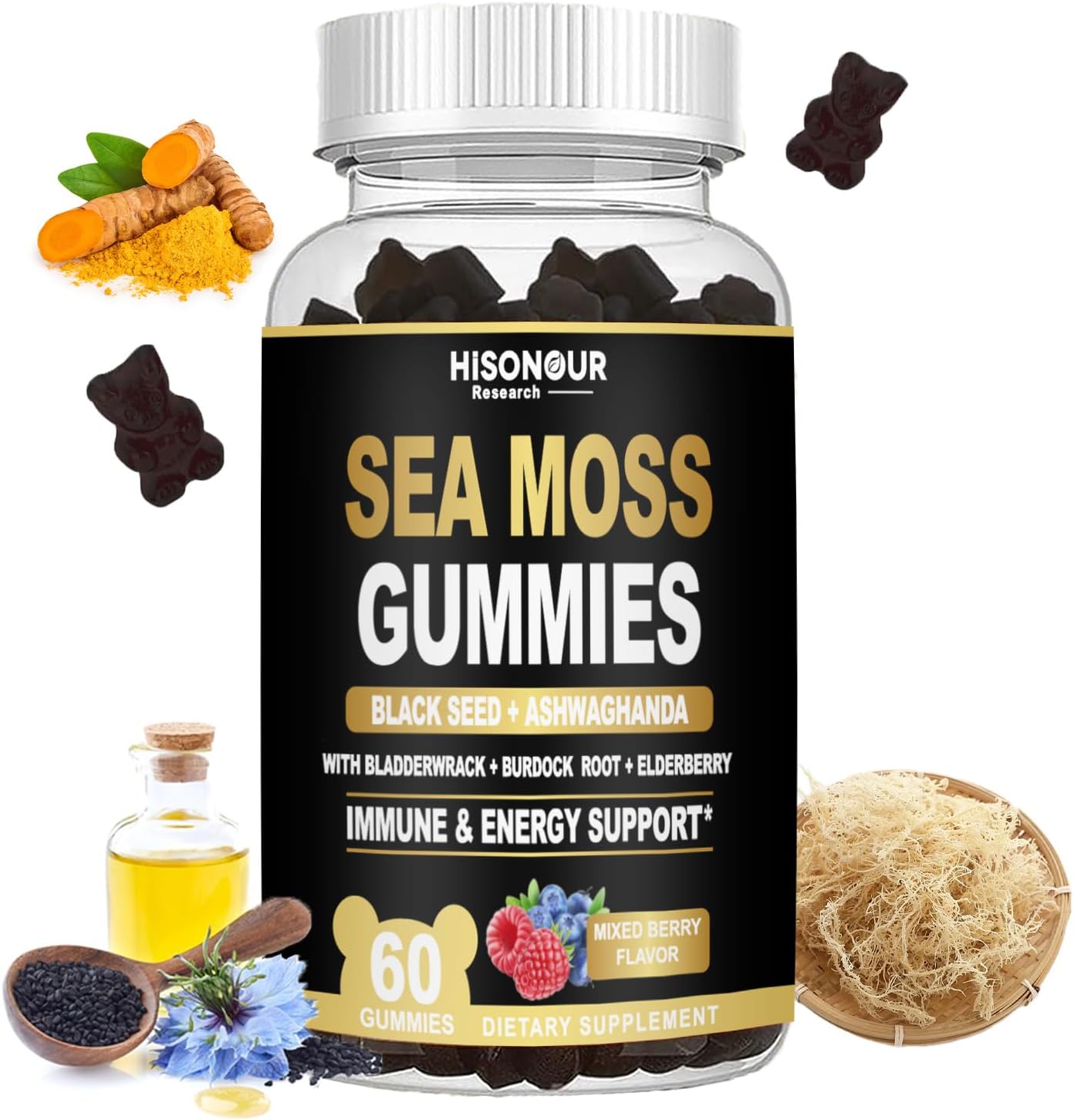 Sea Moss Gummies with Black Seed Oil, Ashwagandha, Ginger, Irish Sea Moss for Immune & Energy Support, Mixed Berry Flavor, Vegan, 60 Count