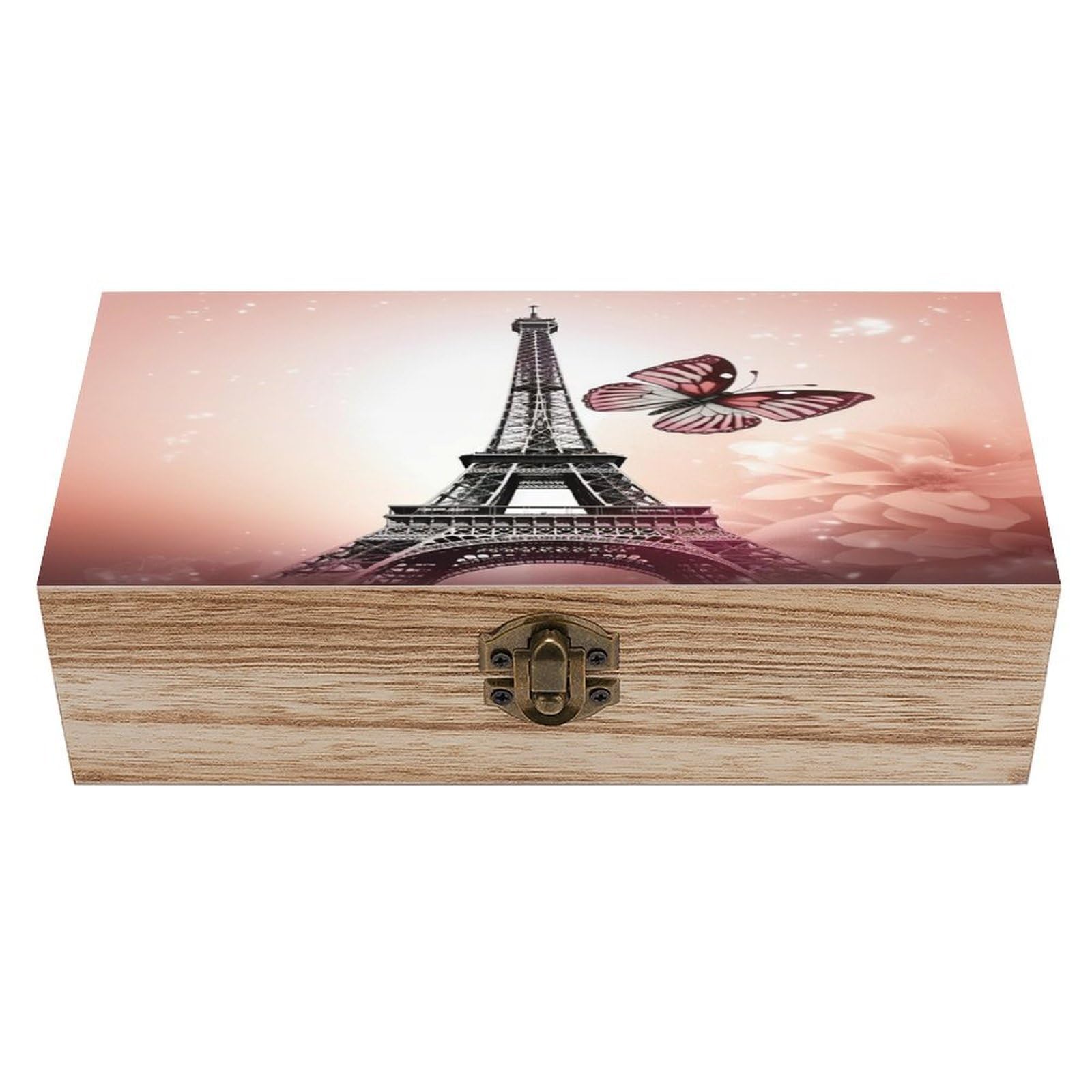 LPAGBCNU Wooden Jewelry Box Keepsake Storage Organizer Paris Tower And Butterfly Handmade Wooden Box for Storing Jewelry Coins Tartot Cards Small Treasures
