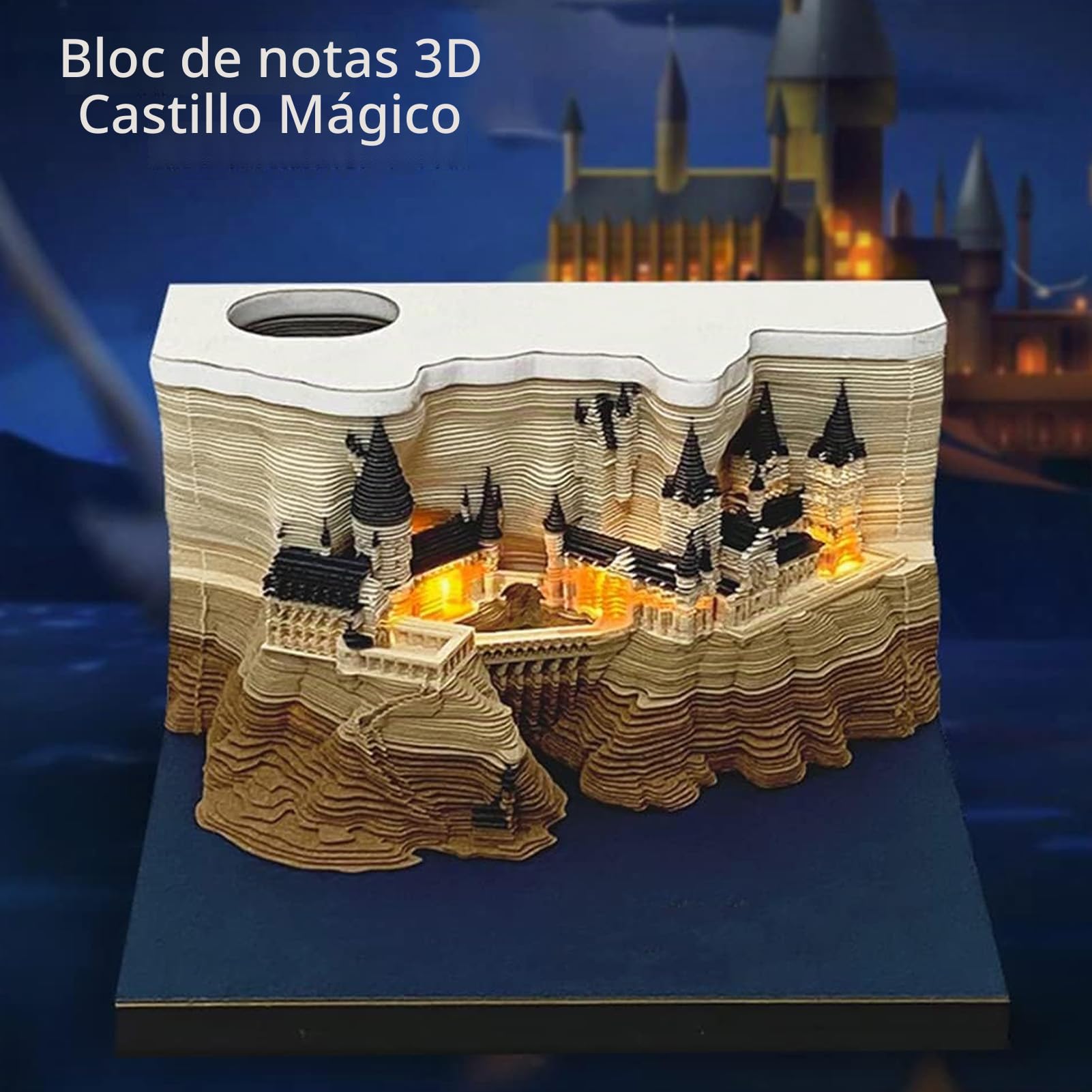 Fockety Bloc de Notas 3D con luz y Soporte para bolígrafo, Castillo 3D Post Notas Adhesivas Bloc de Notas, Pegatinas Papeles Tarjeta Artesanía Castillo Oficina Decoración del hogar
