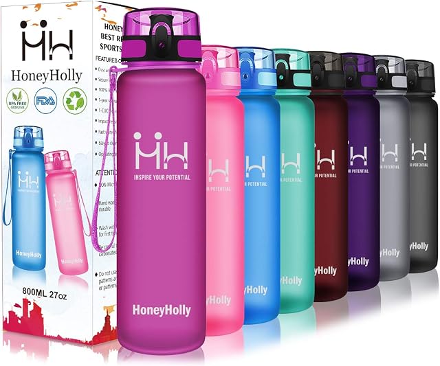 HoneyHolly 1000ml Sport Water Bottle with Time Markings, 32 oz Leak Proof Drinks Bottle with Filter, BPA Free Non-Toxic Reusable Water Bottles for Gym, Fitness, Cycling, Outdoor, School