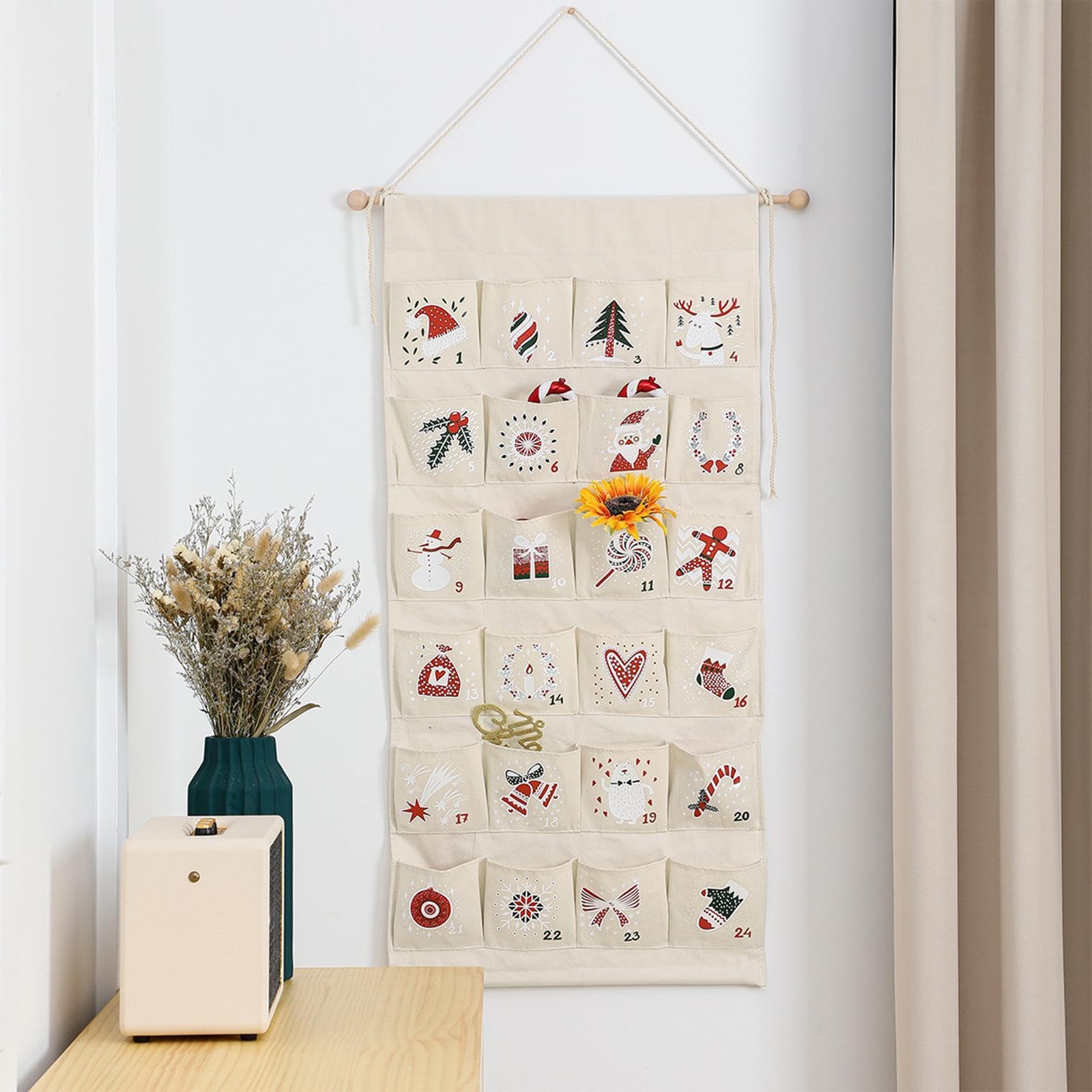 Calendario Dell'Avvento di Natale con 24 Tasche, Pratico Calendario Natalizio Da Appendere.