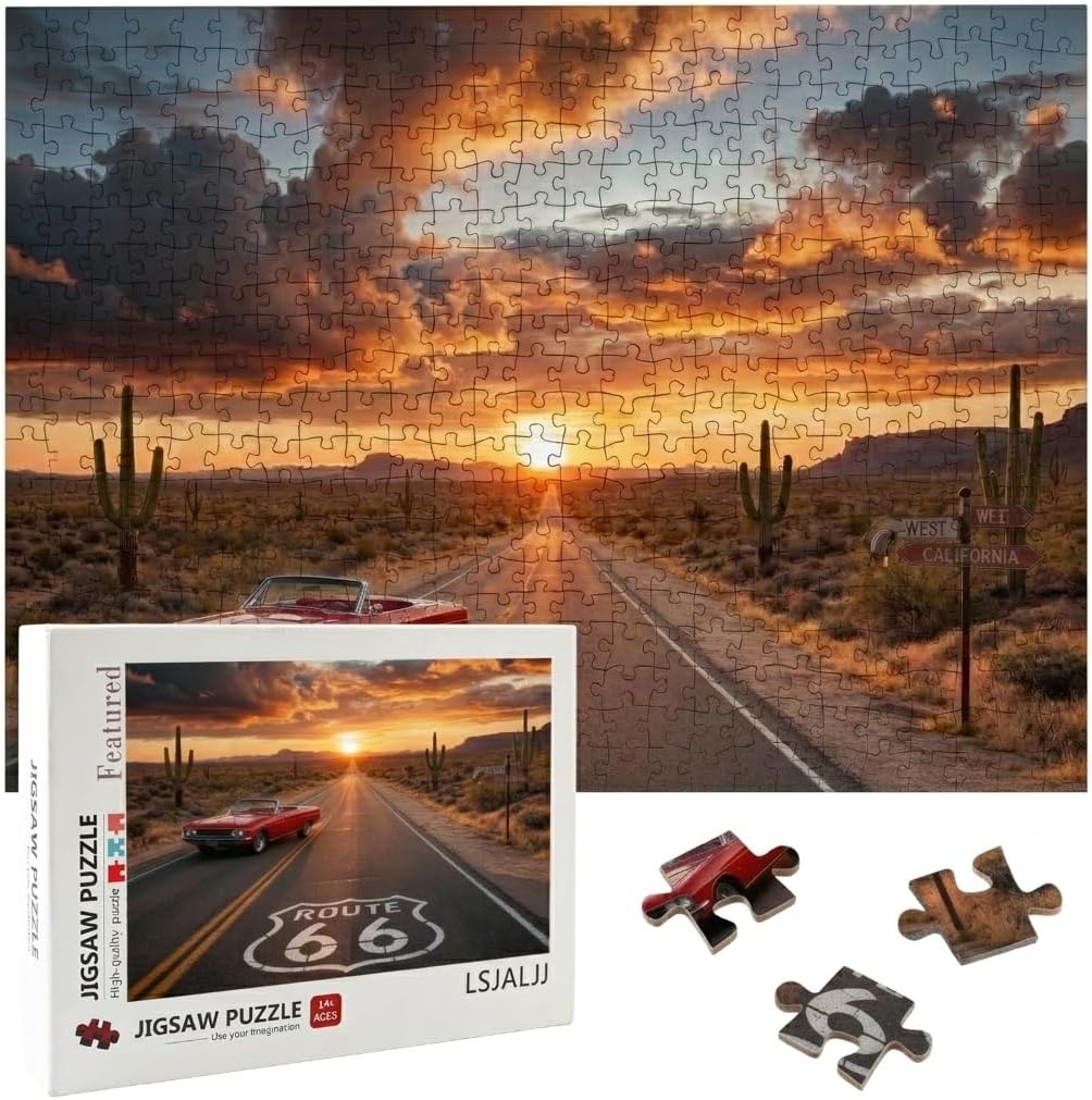 Route 66 Jigsaw Puzzle - 1000 Piece Puzzle for Adults, Vintage Red Car Sunset American Highway Puzzle, Road Trip Western Landscape Adult Jigsaw Puzzles