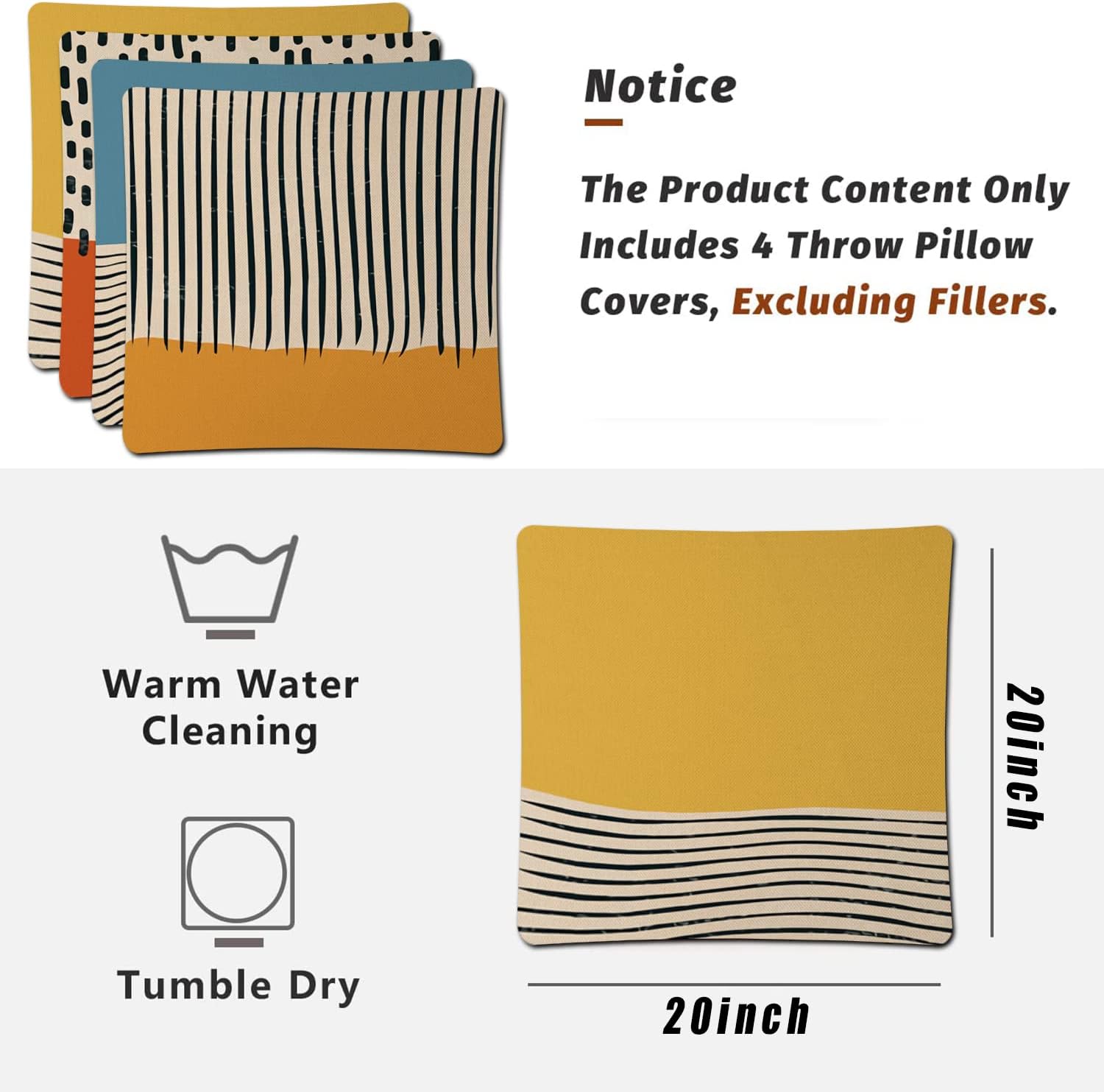 Beiyongde Mid Century Modern Pillow Covers 20x20 Inch Set of 4 Abstract Decorative Linen Throw Cover Watercolor Blue Yellow Orange Couch Cushion Case for Living Room Bedroom Sofa Outdoor