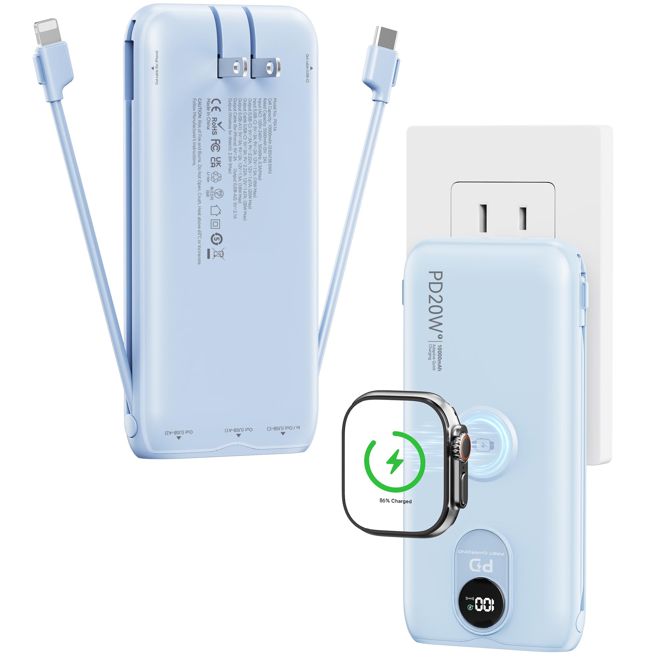 Photo 1 of XEGNER Portable Charger 10000mAh 20W, Wall Plug, 2 Cables, iWatch Charging