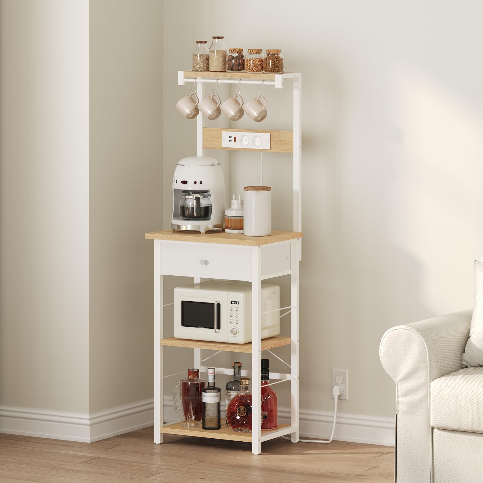 MAHANCRIS Estantería para Panadero con Cajón y Toma de Corriente, Soporte para Microondas, Bar de Café, 4 Ganchos en S, para Cocina, Salón, Comedor, Natural ABRBN48UE01