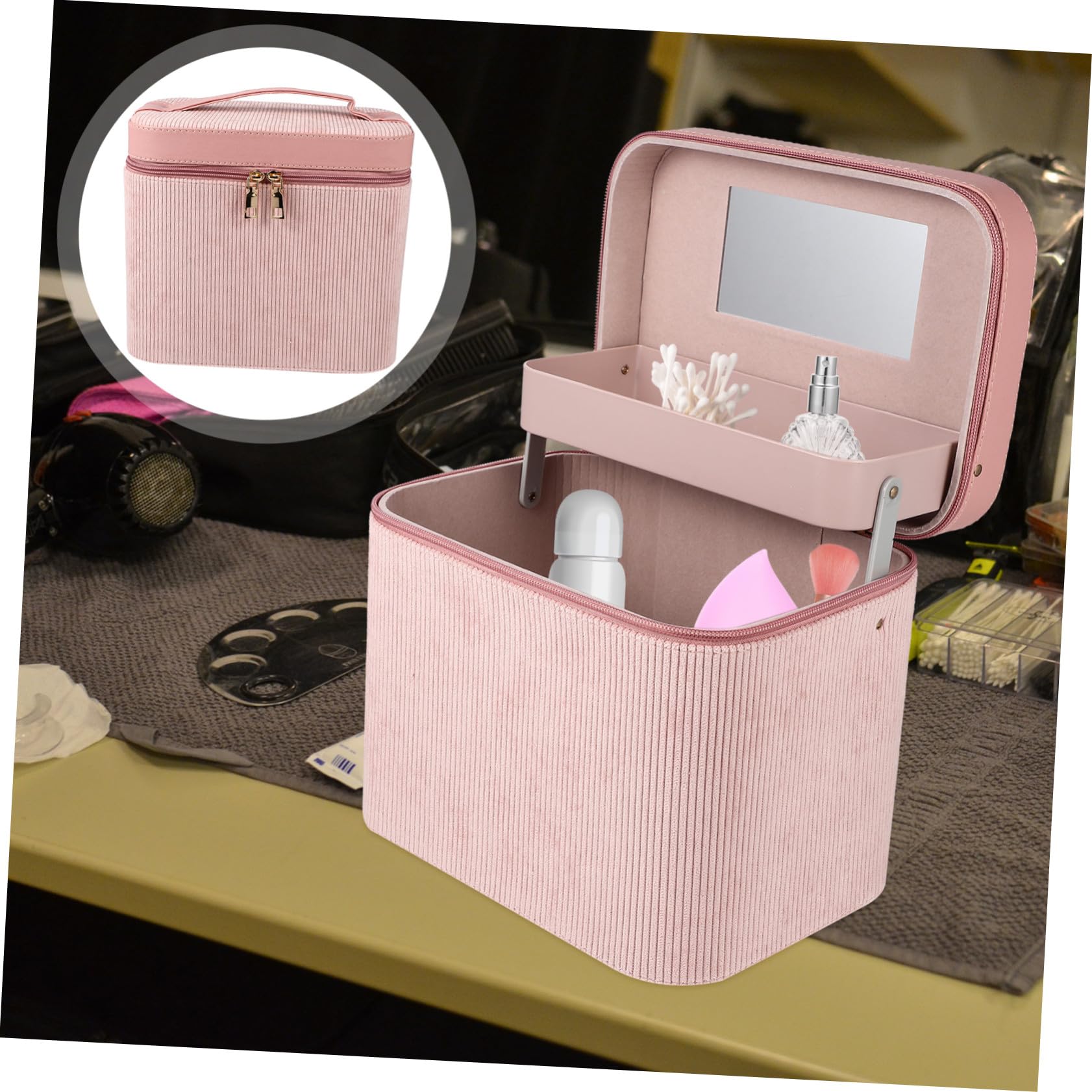 Homoyoyo Trousse de Maquillage Suspendue Double Compartiment Sac de Toilette Portable Similicuir Étui de Rangement pour Cosmétiques et Produits de Soin