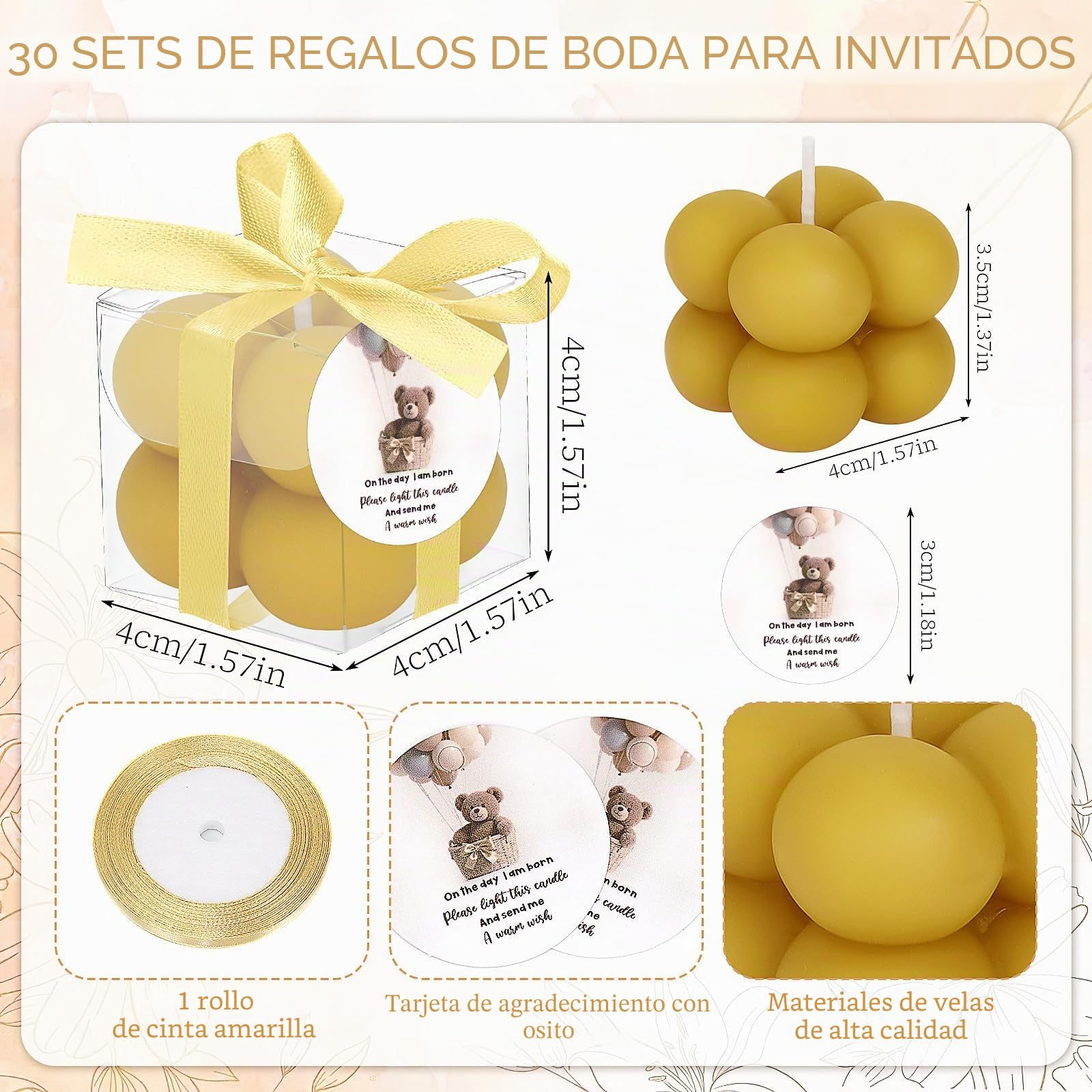 30 juegos de velas de oso para baby shower, velas pequeñas de burbujas, recuerdos de baby shower para invitados, velas de té a granel con elegantes cintas, tarjetas, regalos, decoración de fiesta
