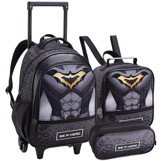 Conjunto Escolar Infantil com Mochila de Rodinhas, Lancheira Térmica e Estojo, Tema Herói, 3 Peças, Material Reforçado, Compartimentos Espaçosos (Kit Material Escolar Morcego)