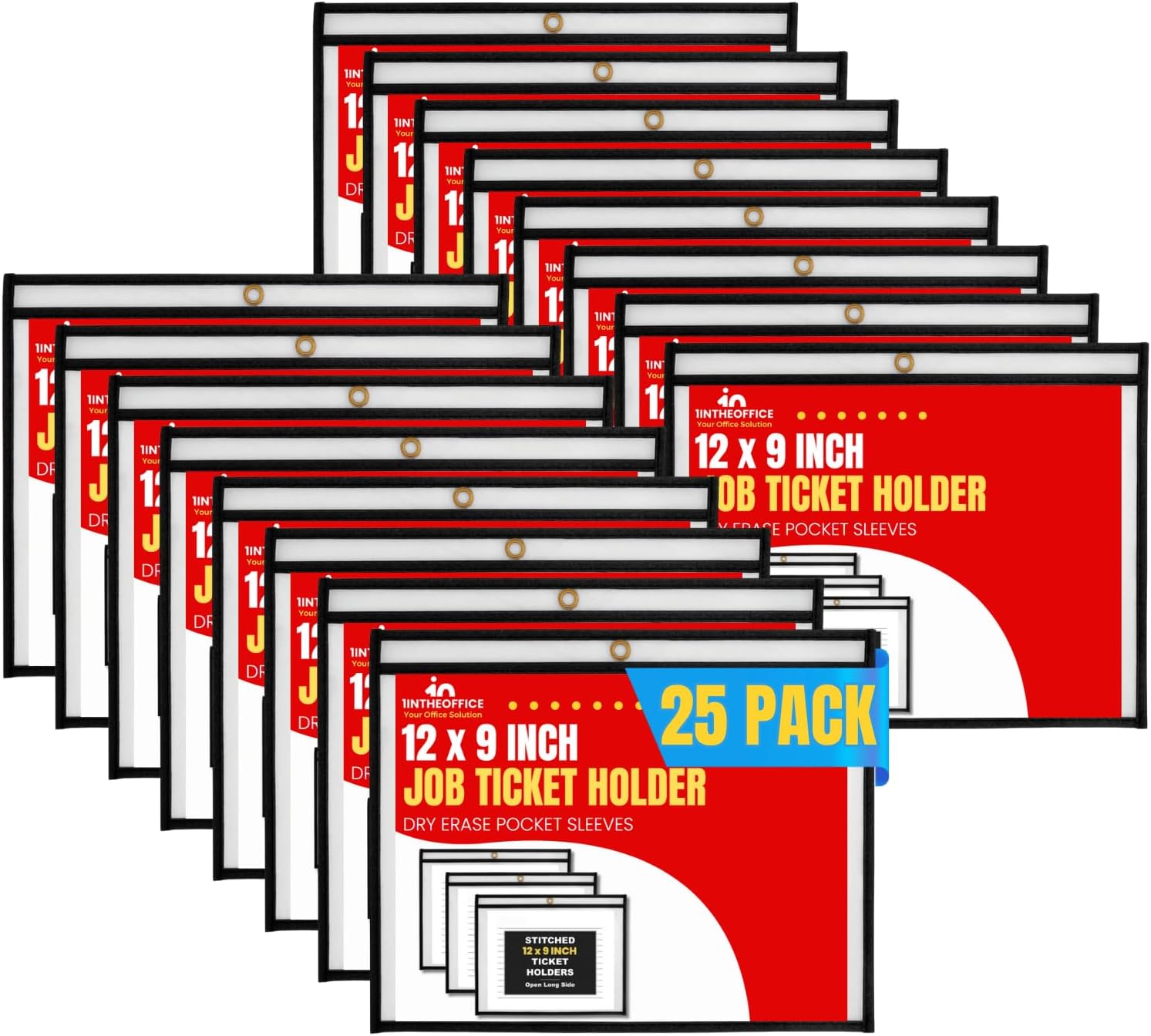 1InTheOffice Dry Erase Pocket Sleeves, Black Shop Ticket Holders 12x9, Plastic Sleeve 25/ Pack