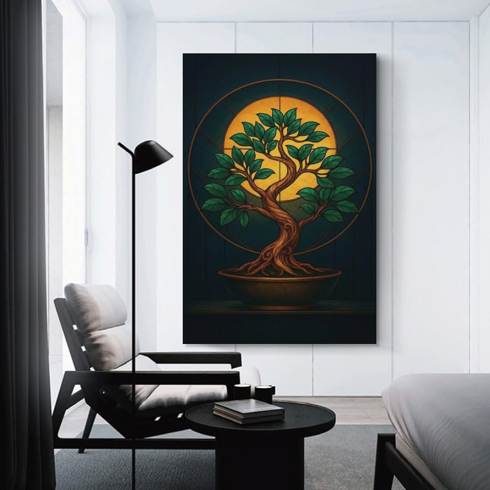 Junmoney Unframe-Style-14 Home Decor Wall Art Bonsai Tree Stained Glass Style Art, 20X30inch(50X75cm), For Bedroom Decor, Cosy Corners Or Studios, Decorative Wall Art For Cosy Rooms