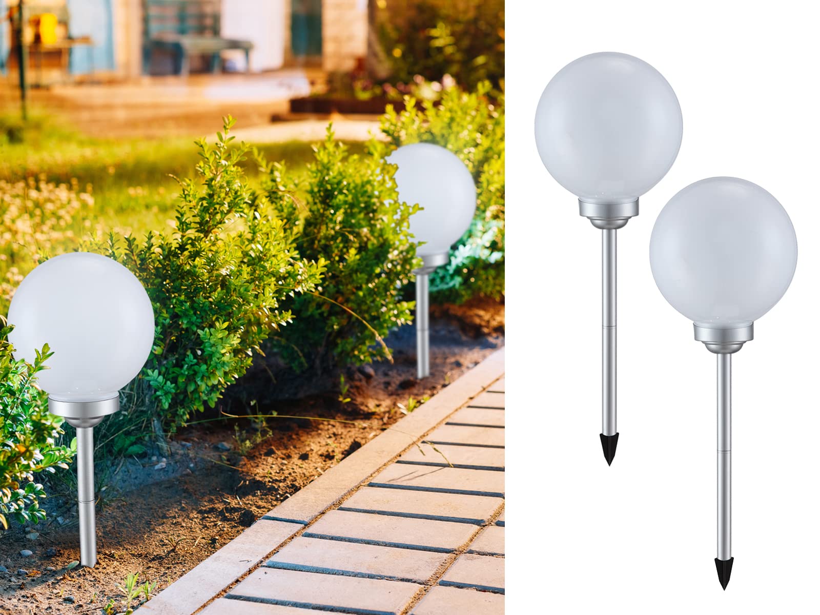 Bolas solares LED Iluminación Exterior (2 unidades, 25 cm de diámetro, con estaca)