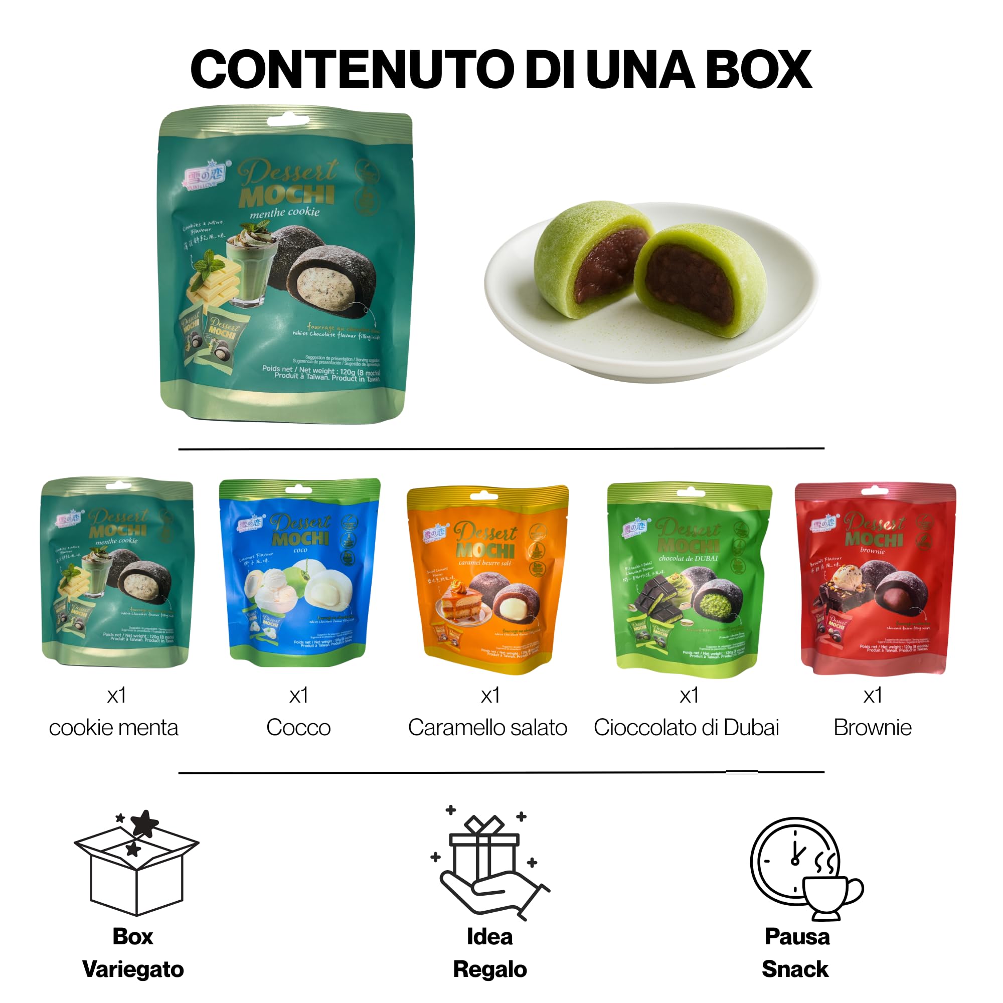 HU TASTE Mochi Dessert Selection: Mix 5 Gusti Pistacchio, Cocco, Menta, Brownie, Caramello Salato - Snack Dolci Giapponesi, Japanese Food Snack Box e Dolci Giapponesi Assortiti, 5 Confezioni