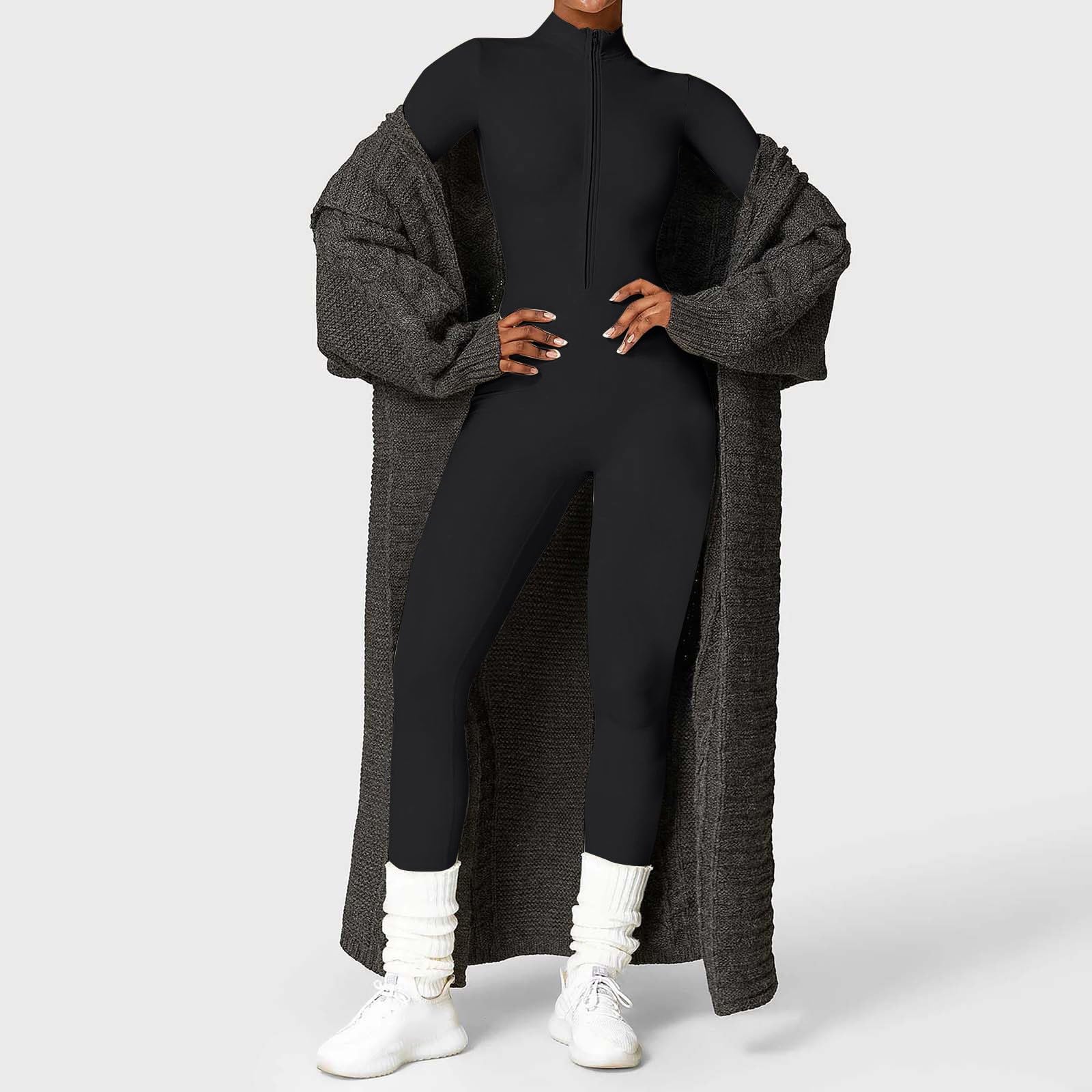 duaicnvow Mono Deportivo Mujer Ajustado Jumpsuit Yoga，Leggins 3D Anticelulitis Mujer Push Up，Manga Larga con Cremallera Ropa Deportiva Elásticos Mono de Gimnasio Acanalados Entrenamiento Fitness