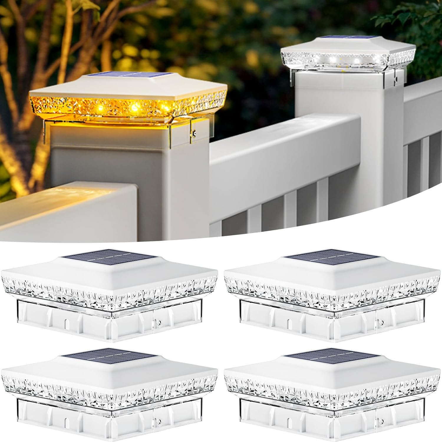 btfarm 4 Pack Solar Post Cap Lights Outdoor, 2 Mode 16 LED Fence Post Light Fit 4x4 3.5x3.5 Wooden/Vinyl, Waterproof Bright Solar Powered Lights Outside for Deck Patio Porch Garden Decoration, White White 4 Pack