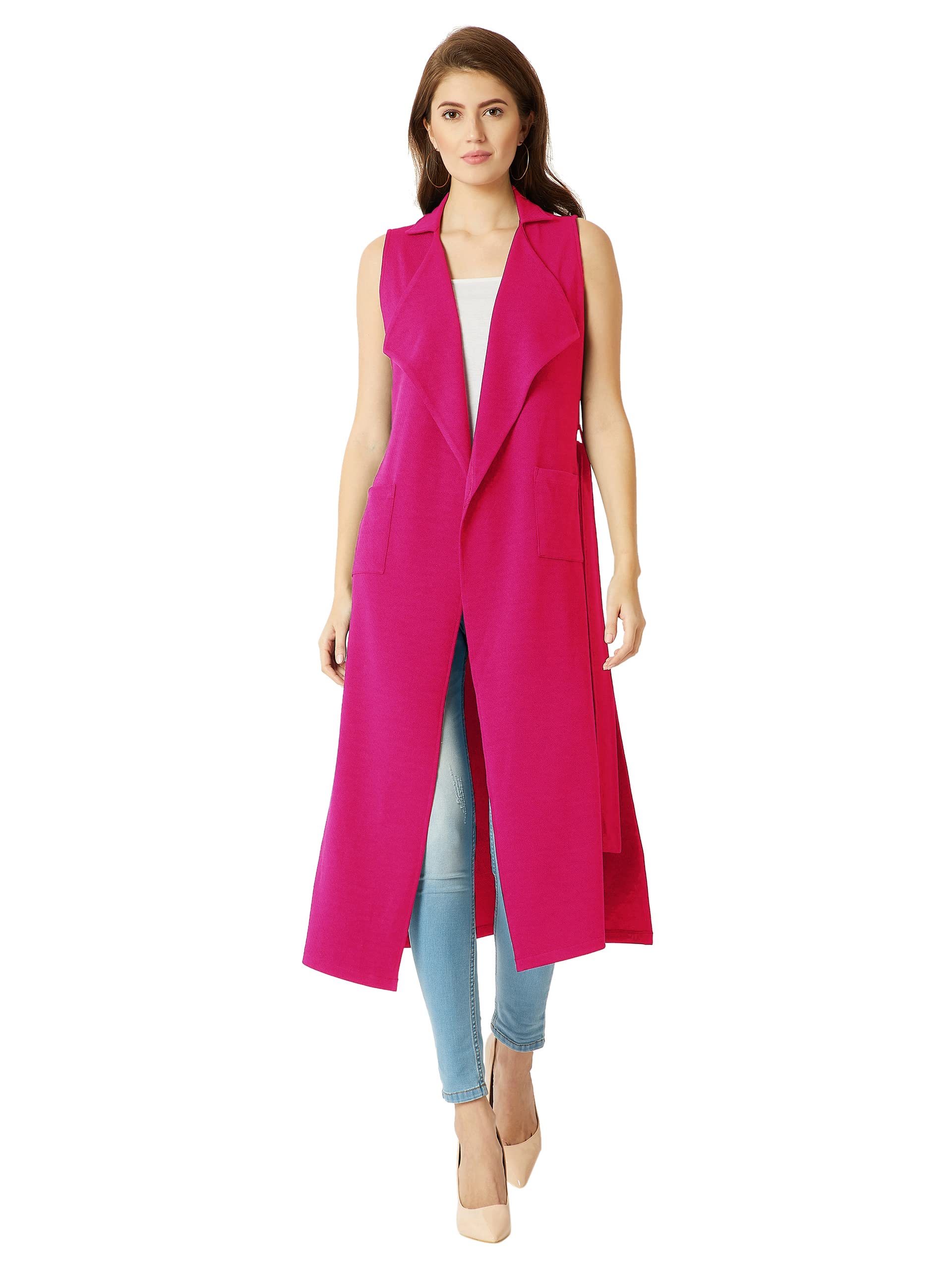 Miss Olive Women's Dark Green Collared Sleeveless Solid Belted Midi Longline Jacket (MOAW18JKT02-59-282-05)