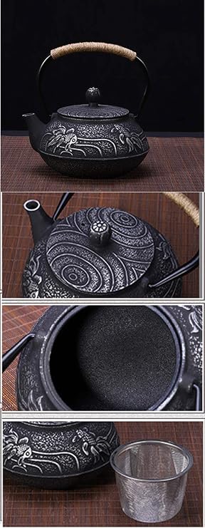 tetsubin Cast iron Tea Kettle workshop Healthy japanese fish pattern Teapot with Stainless Steel Infuser(30.4oz)