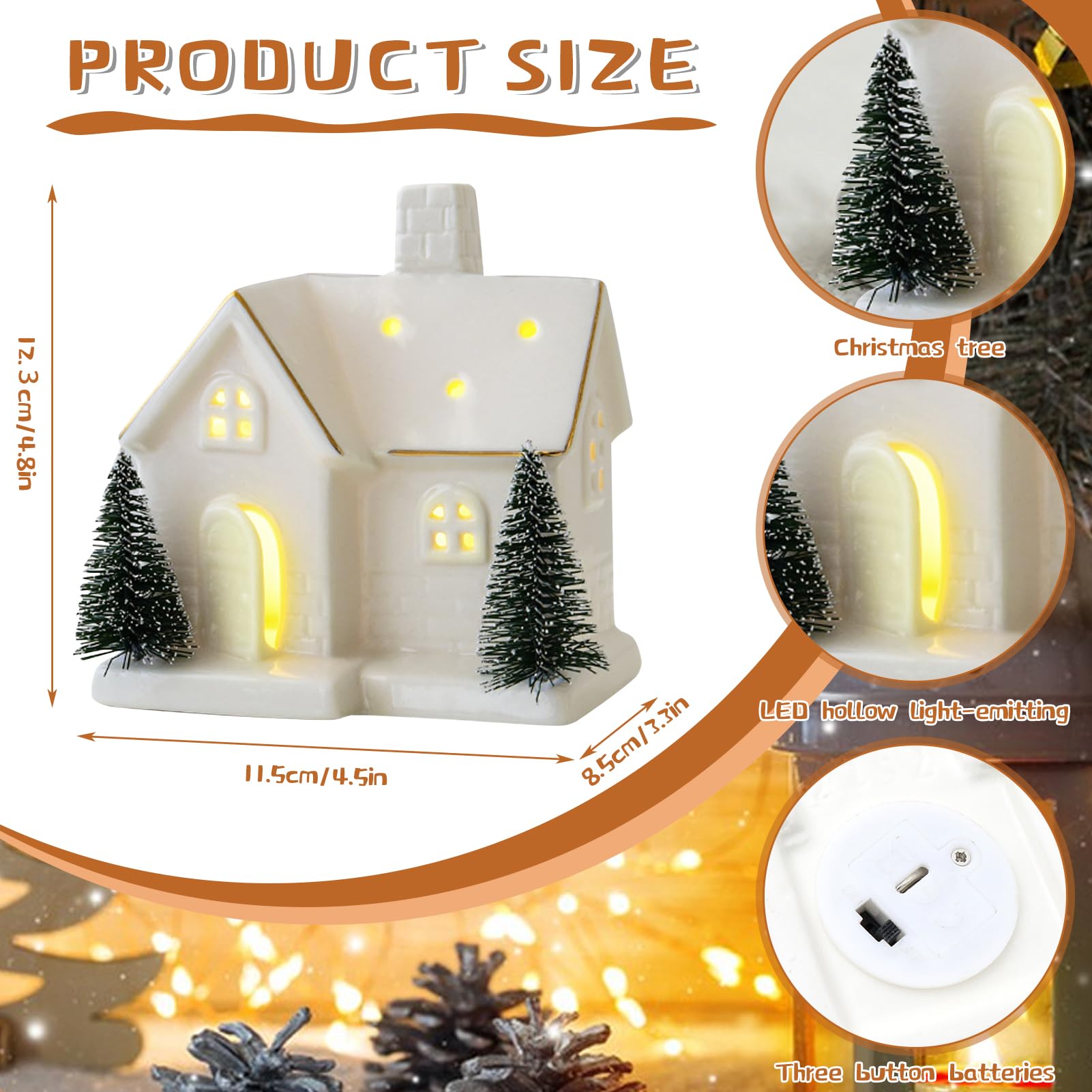 Weihnachtsdeko Porzellan Häuser Weiß, Weihnachtshaus Beleuchtet Lichthaus Keramik, Lichthaus Weiss Weihnachtsdorf Mit Batteriebetriebenen LED Leuchten Weihnachten (E+F)