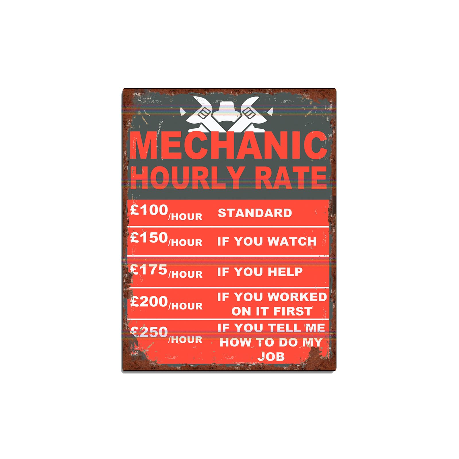 Mechanic Hourly Rate Funny Garage Sign Theme Retro style metal tin sign/plaque (8" x 6")