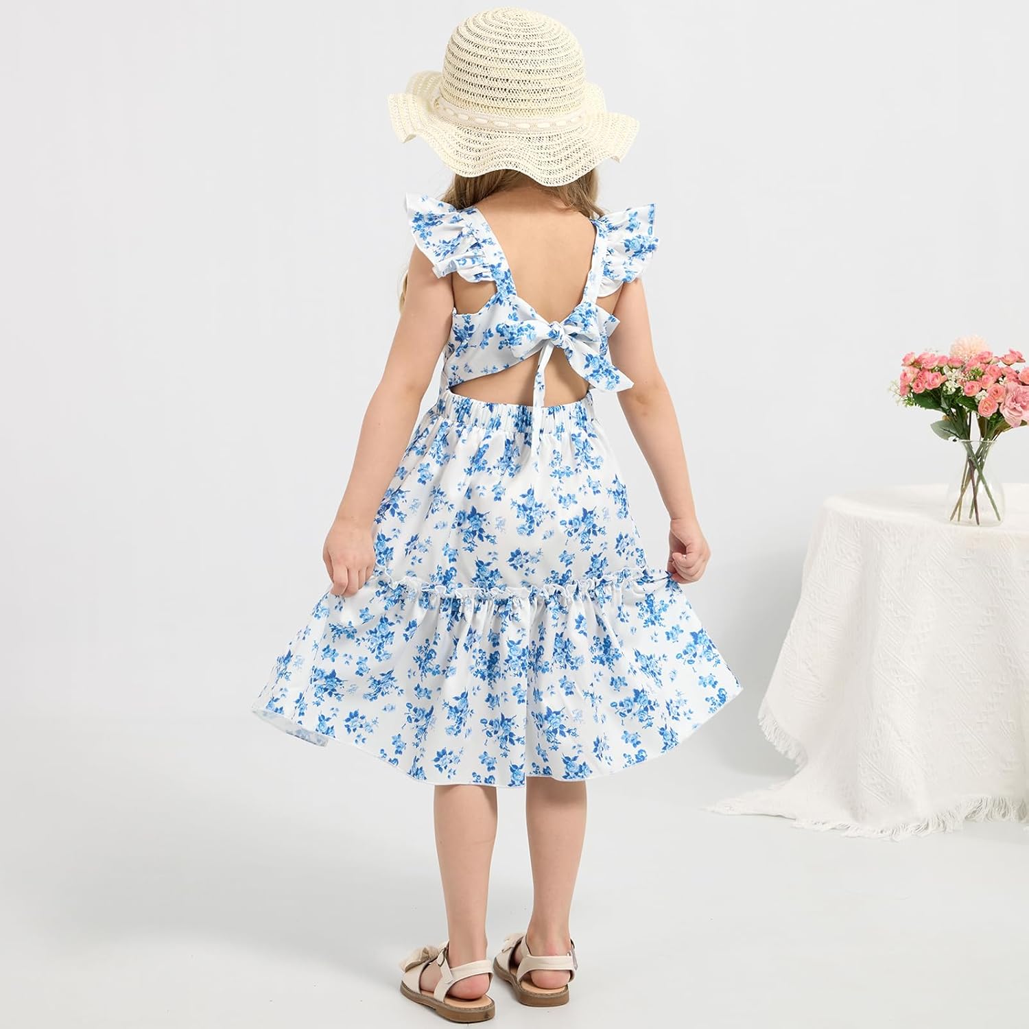 Girls Summer Floral Dresses Tie Back Flutter Sleeves Casual Spring Dress for 4-12 Years - Image 6