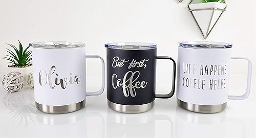 Miniatura 8 de Personalized Insulated Coffee Mug with Lid - 12 oz -Customize with Name or Text - Custom Travel Cup