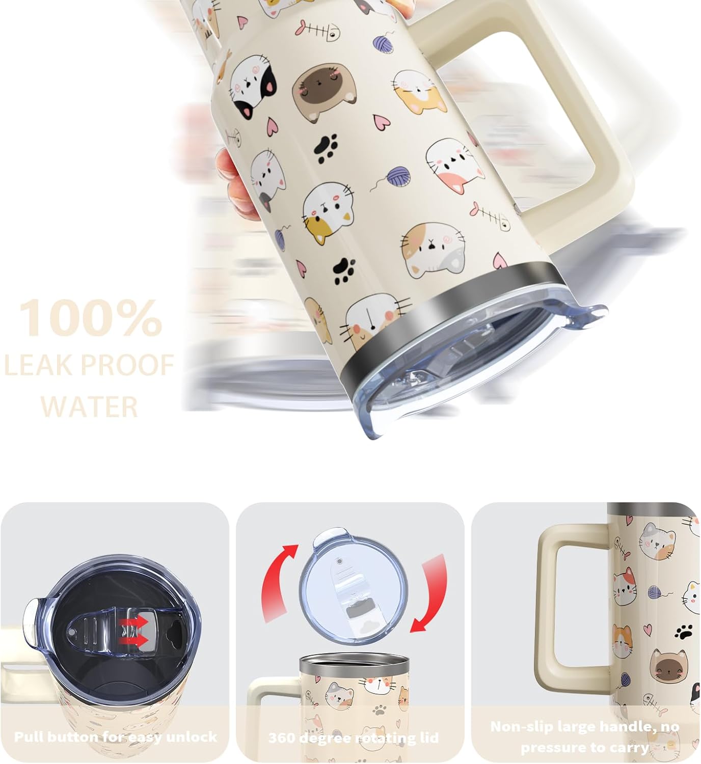 Cat Gifts Cup for Women Girls, 40oz Tumbler with Handle and Straw Lid, Cute Cats Lover Stainless Steel Insulated Water Bottle Mug (1PC) - Image 5