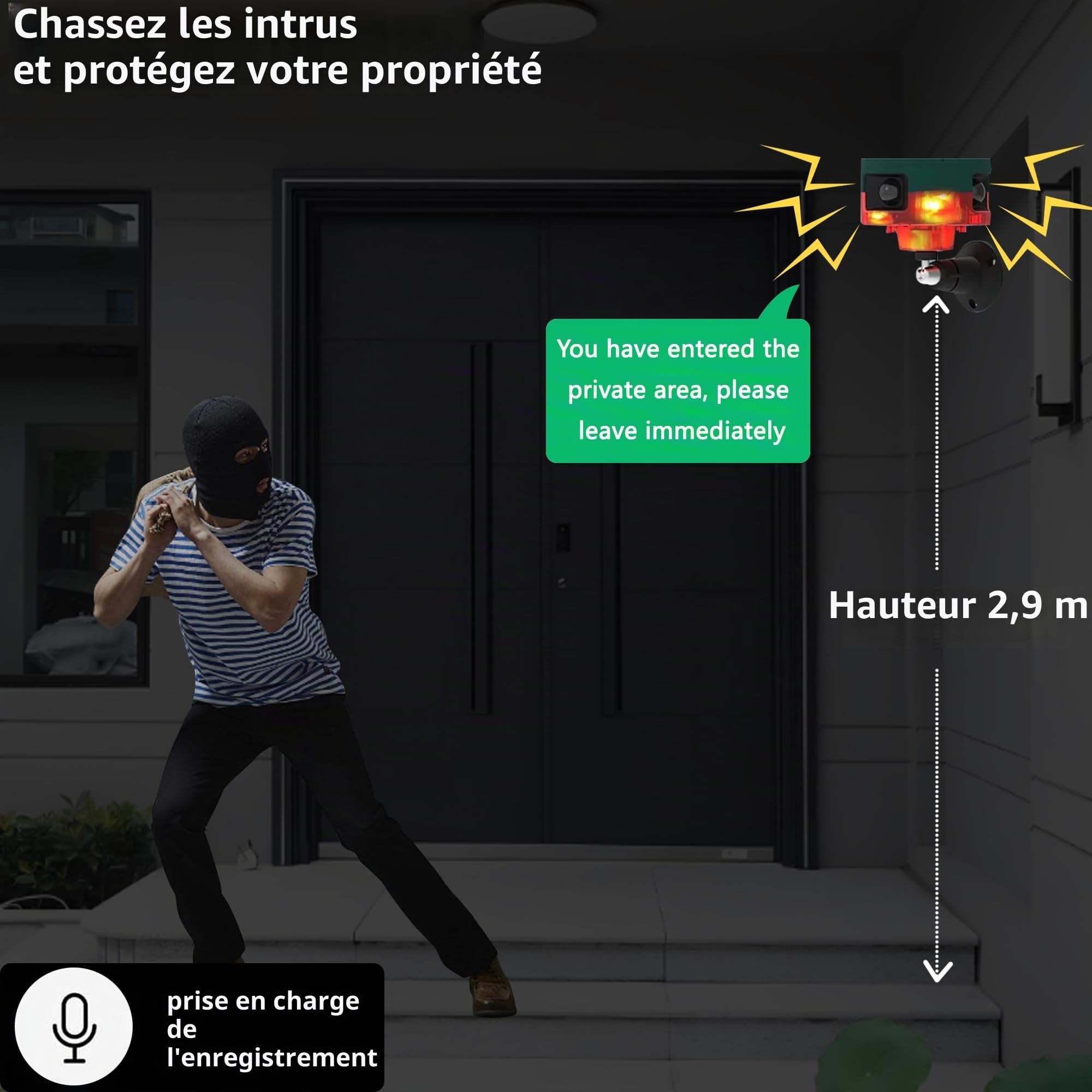Alarme de détecteur de Mouvement Solaire extérieur - Alarme de détecteur de Mouvement 360 ° améliorée, sirène puissante de 129 DB, 13 Types de Son, Prise en Charge de l'enregistrement (1 Pack)